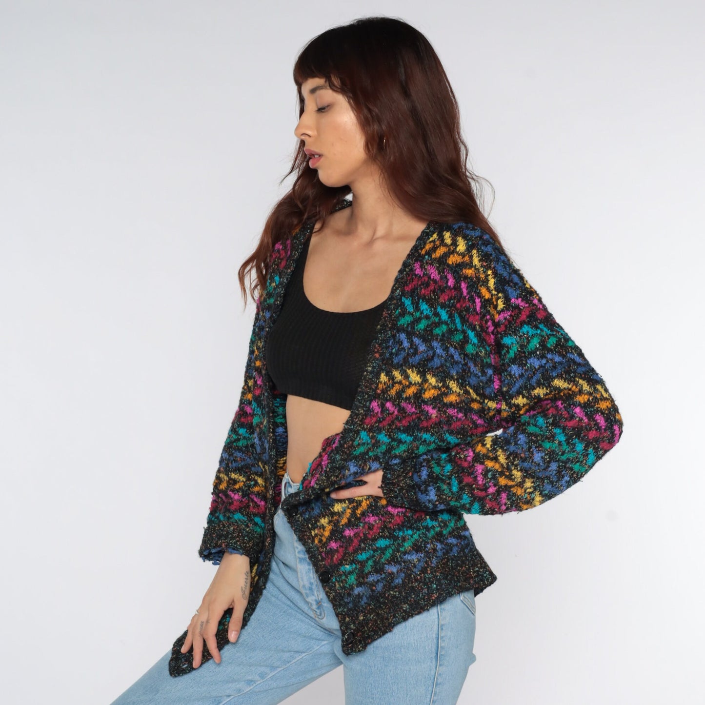 80s Metallic Geometric Cardigan Black Rainbow Sparkly Knit Small
