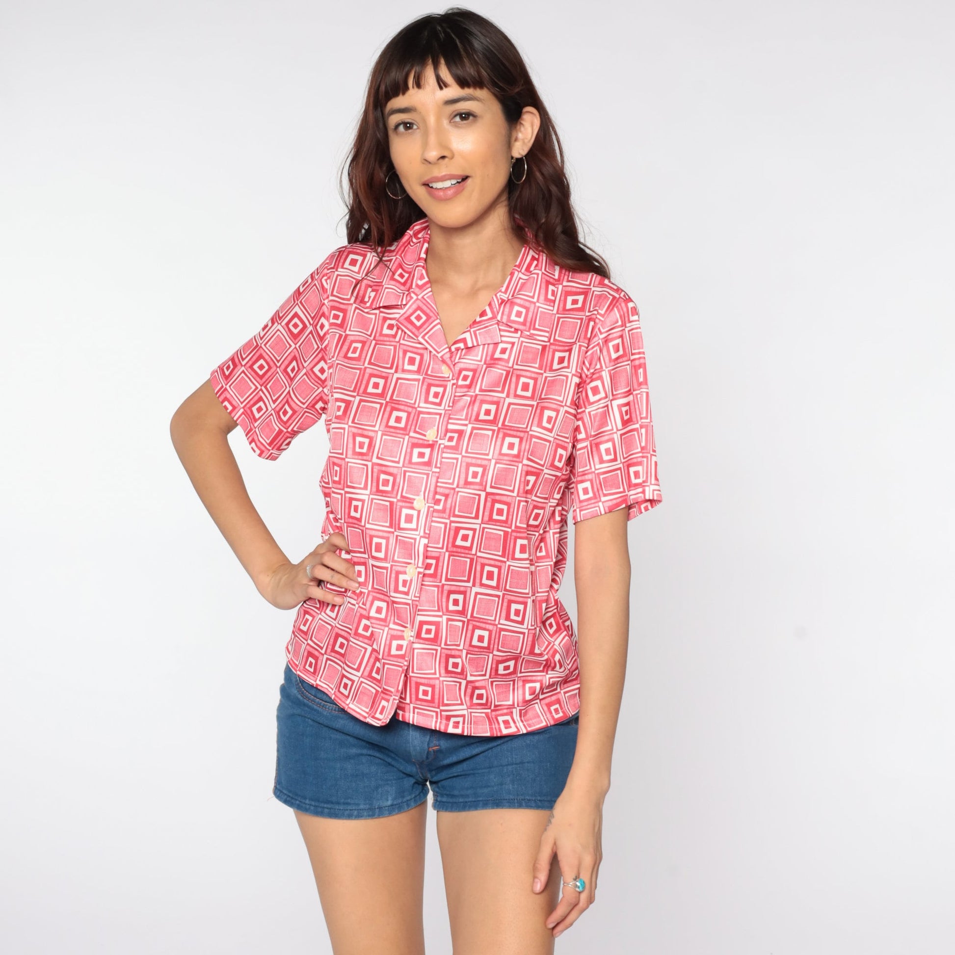 70s Geometric Print Button-Up Blouse Red White Psychedelic Collar Shirt Small