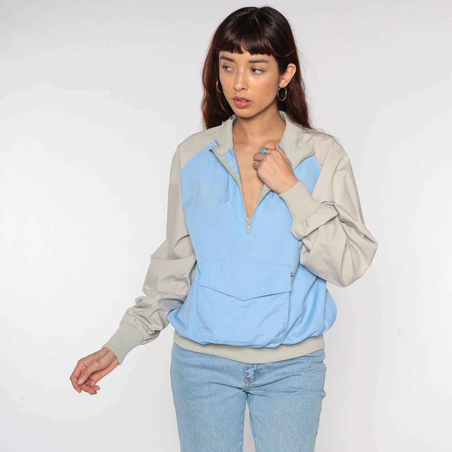 80s Baby Blue Taupe Raglan Windbreaker Half Zip Pullover Jacket Large