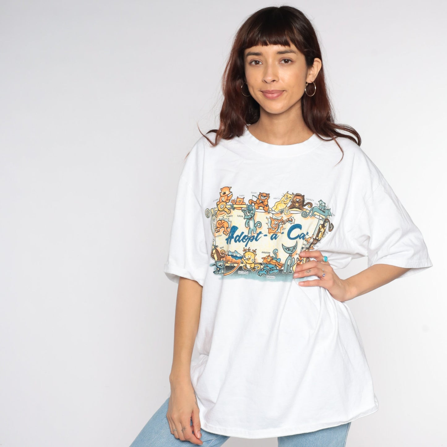 90s Adopt A Cat Graphic T-Shirt White Cotton Tee Extra Large XL