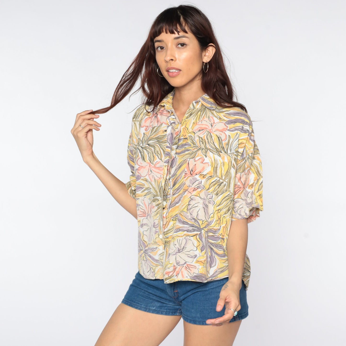 80s Tropical Floral Button-Up Shirt Yellow Pink Hawaiian Blouse Medium