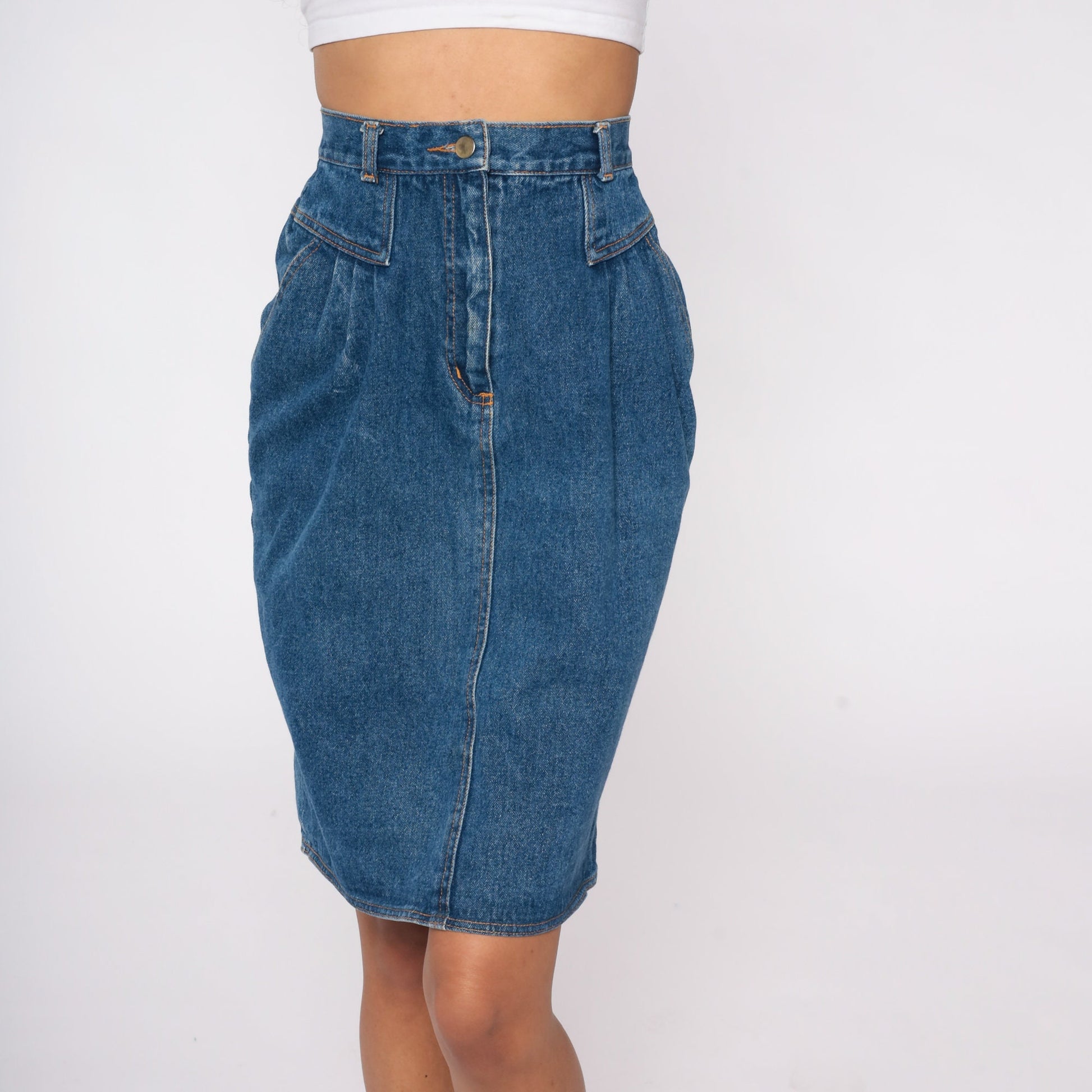 90s Blue Denim Pleated Mini Skirt High Waist Jean Pencil Skirt Extra Small