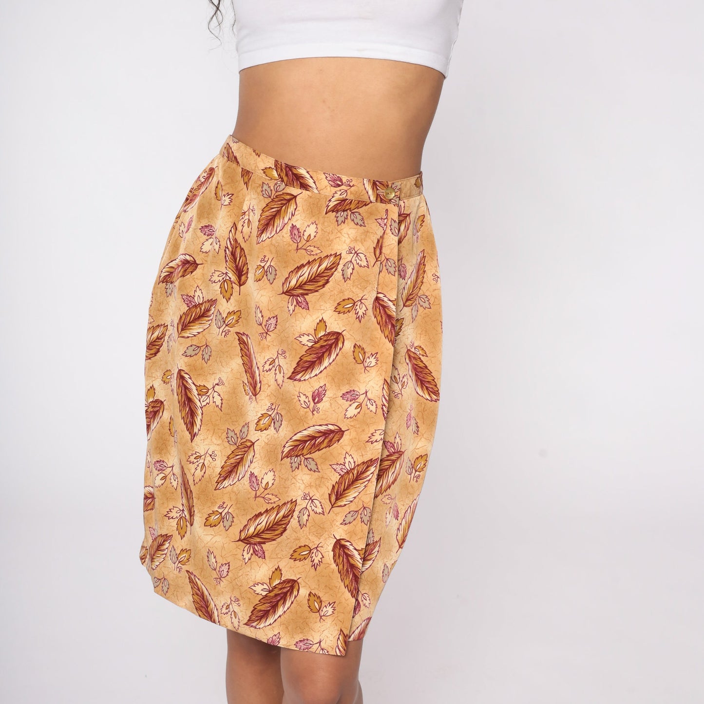 80s Leaf Print Pencil Skirt High Waist Mini Tan Brown Small