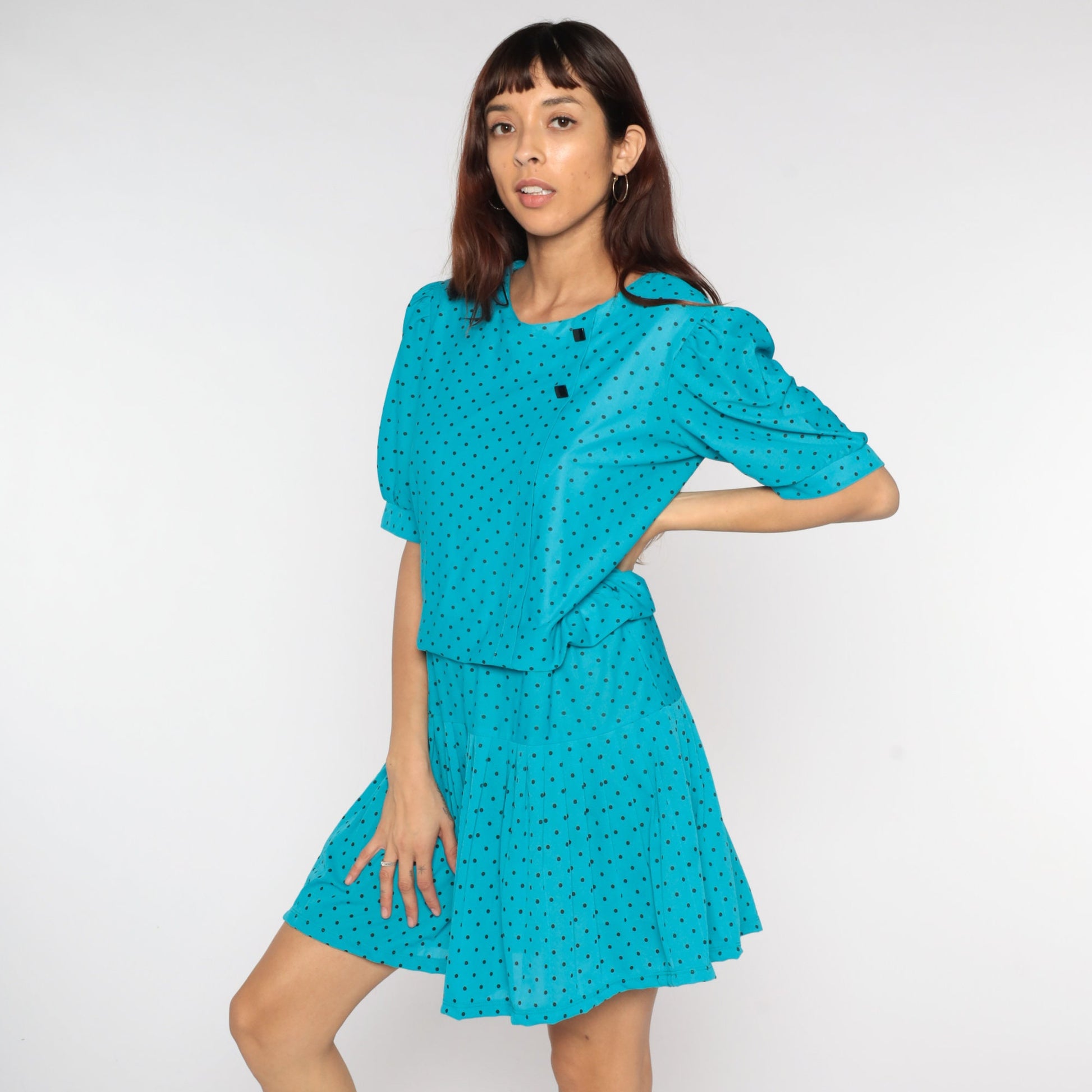 80s Blue Polka Dot Mini Dress Puff Sleeve Low Waist Large