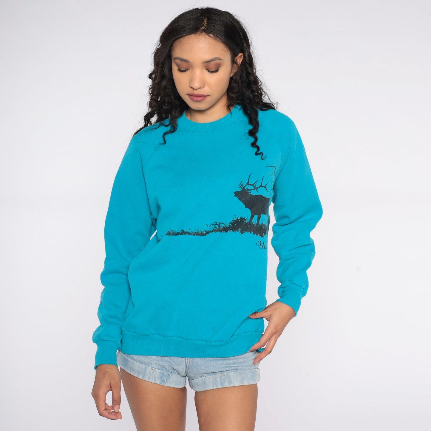 80s Utah Elk Graphic Raglan Sweatshirt Blue Jerzees Medium Large