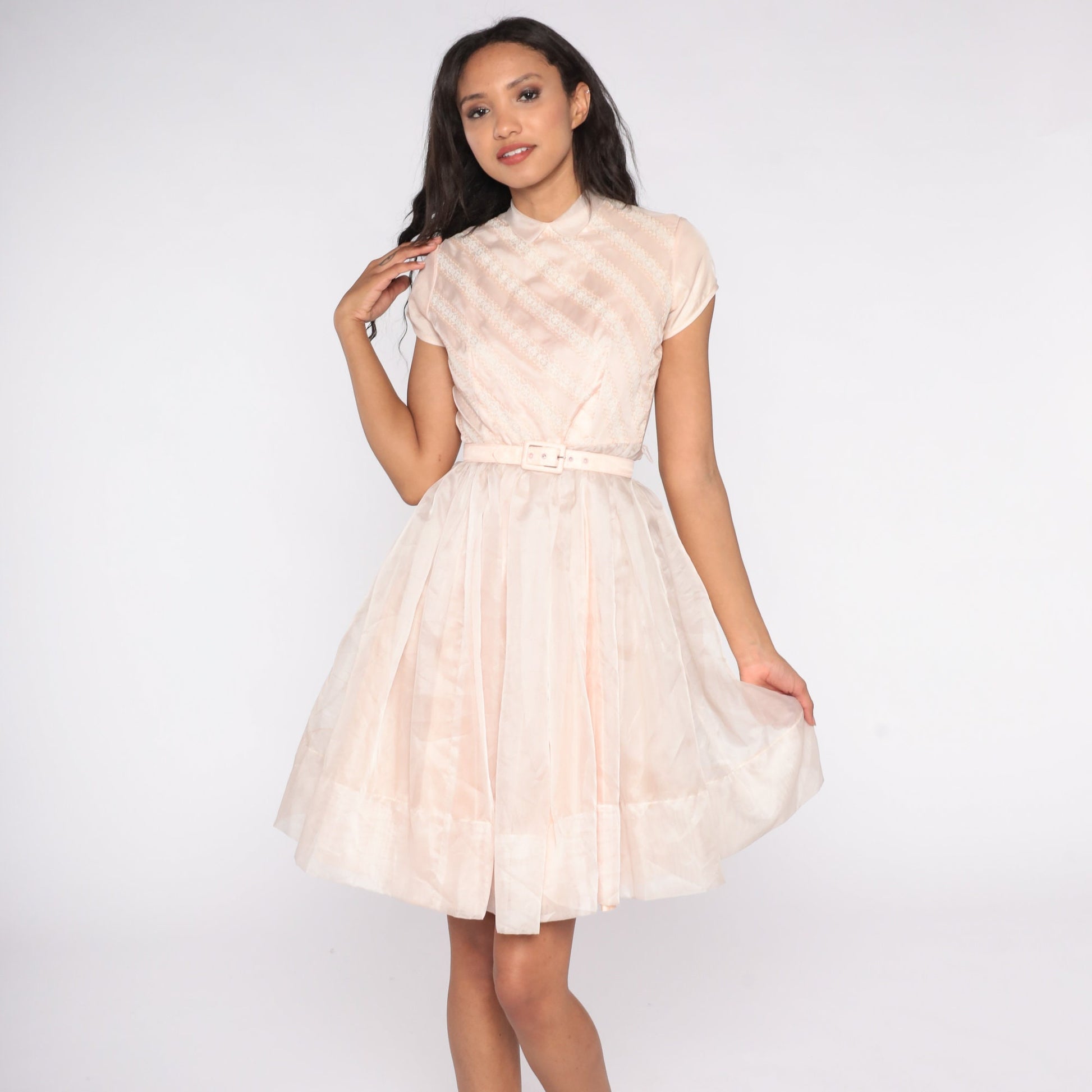 60s Baby Pink Party Dress Peter Pan Collar Full Skirt High Waisted Extra Small