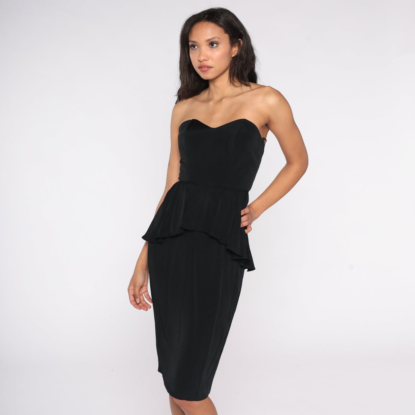 80s Black Strapless Midi Dress Sweetheart Neckline Peplum Extra Small
