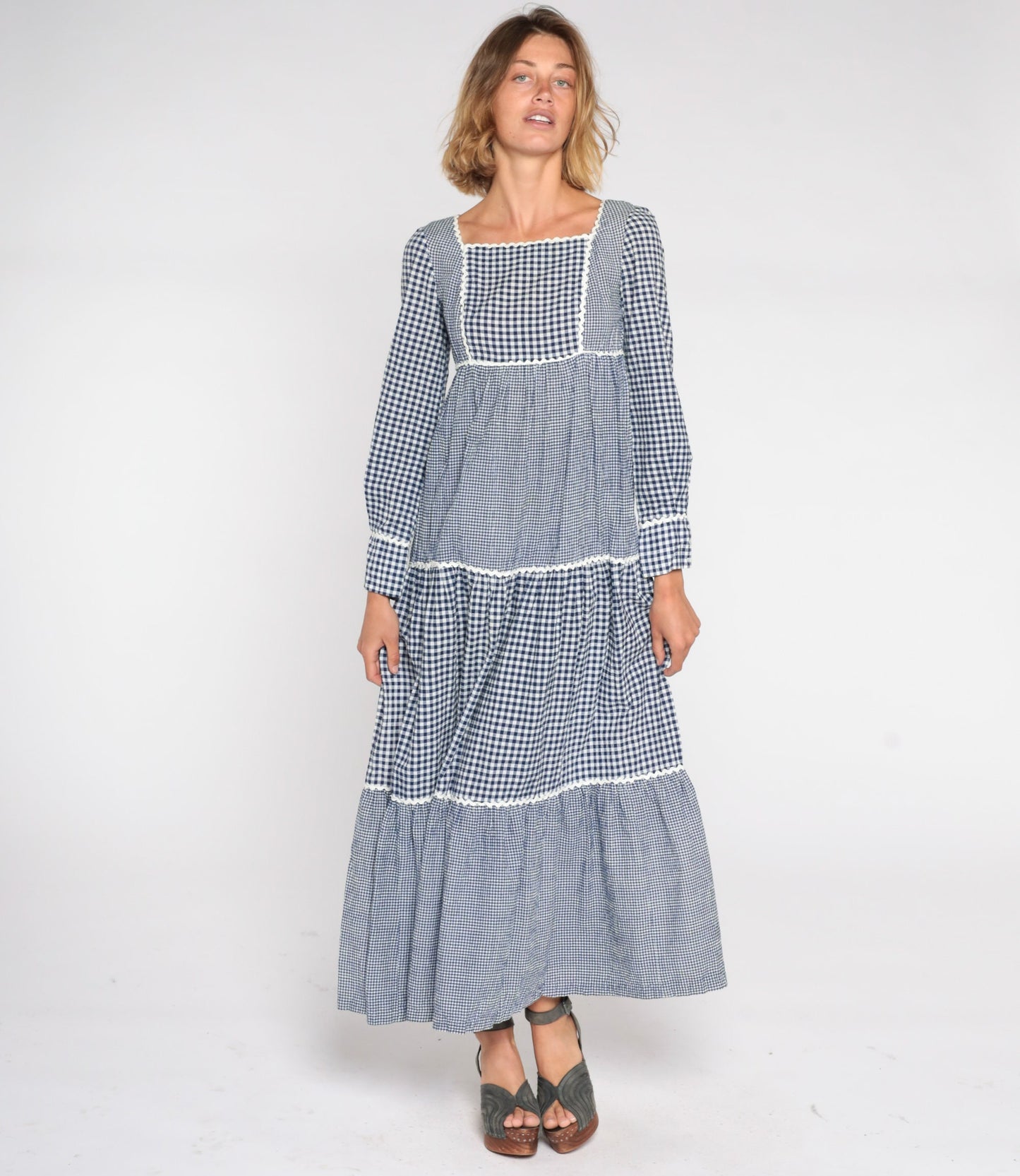 70s Sue Brett Blue Gingham Maxi Dress Empire Waist Puff Sleeve Small