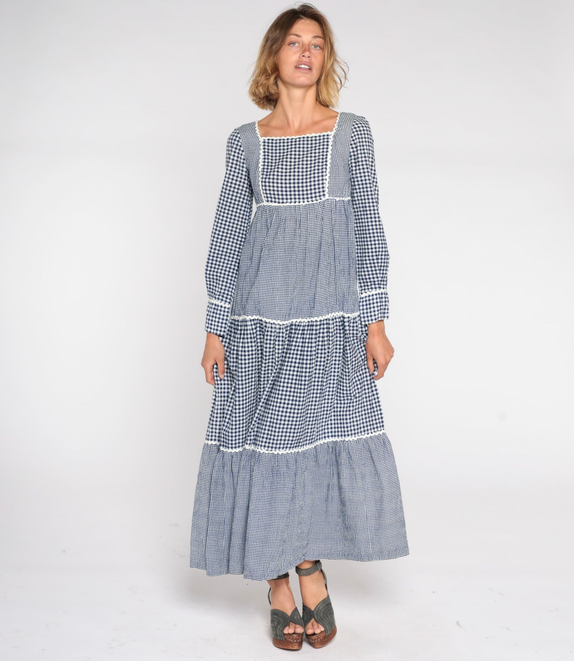 70s Sue Brett Blue Gingham Maxi Dress Empire Waist Puff Sleeve Small