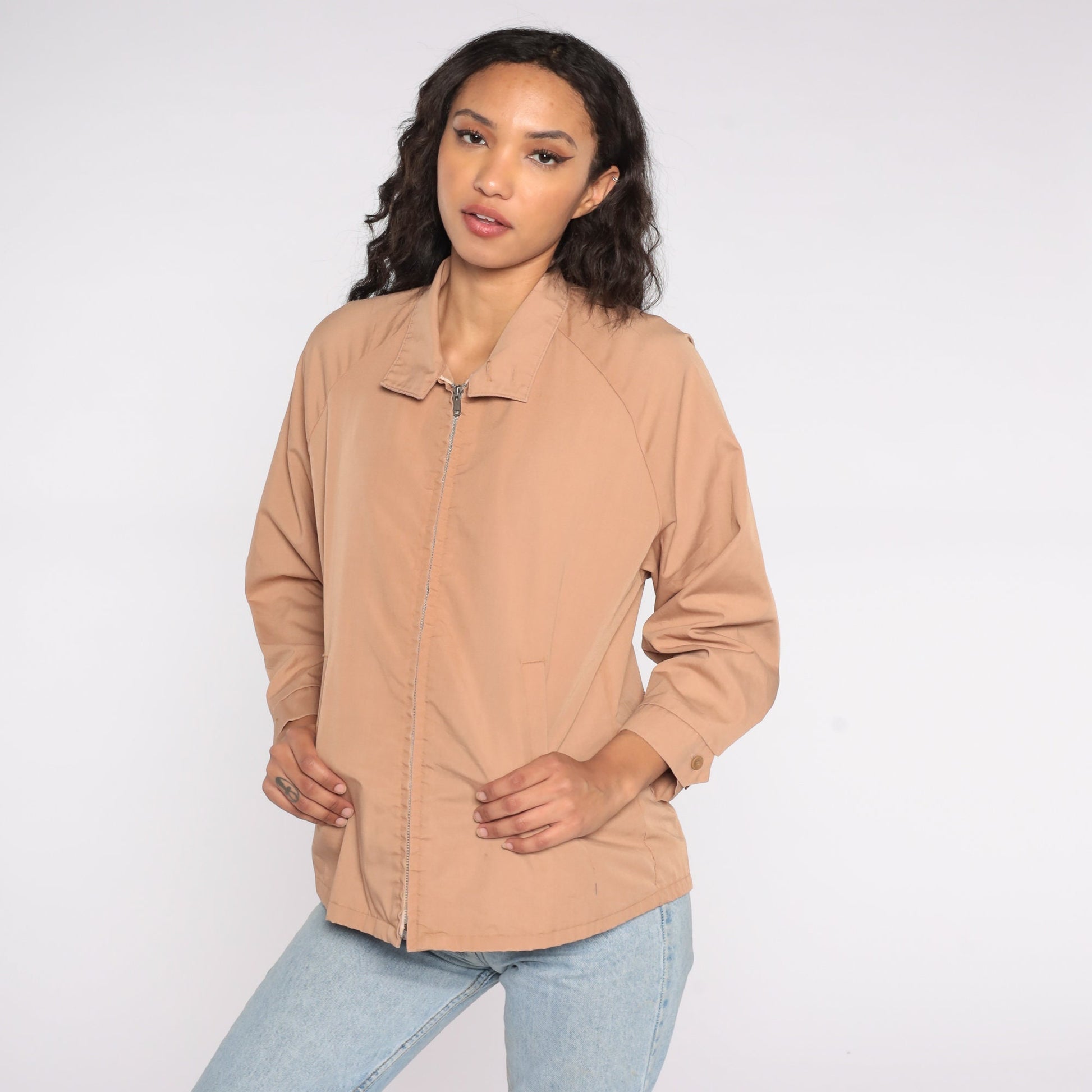 80s Tan Zip-Up Raglan Windbreaker Jacket Men's Medium