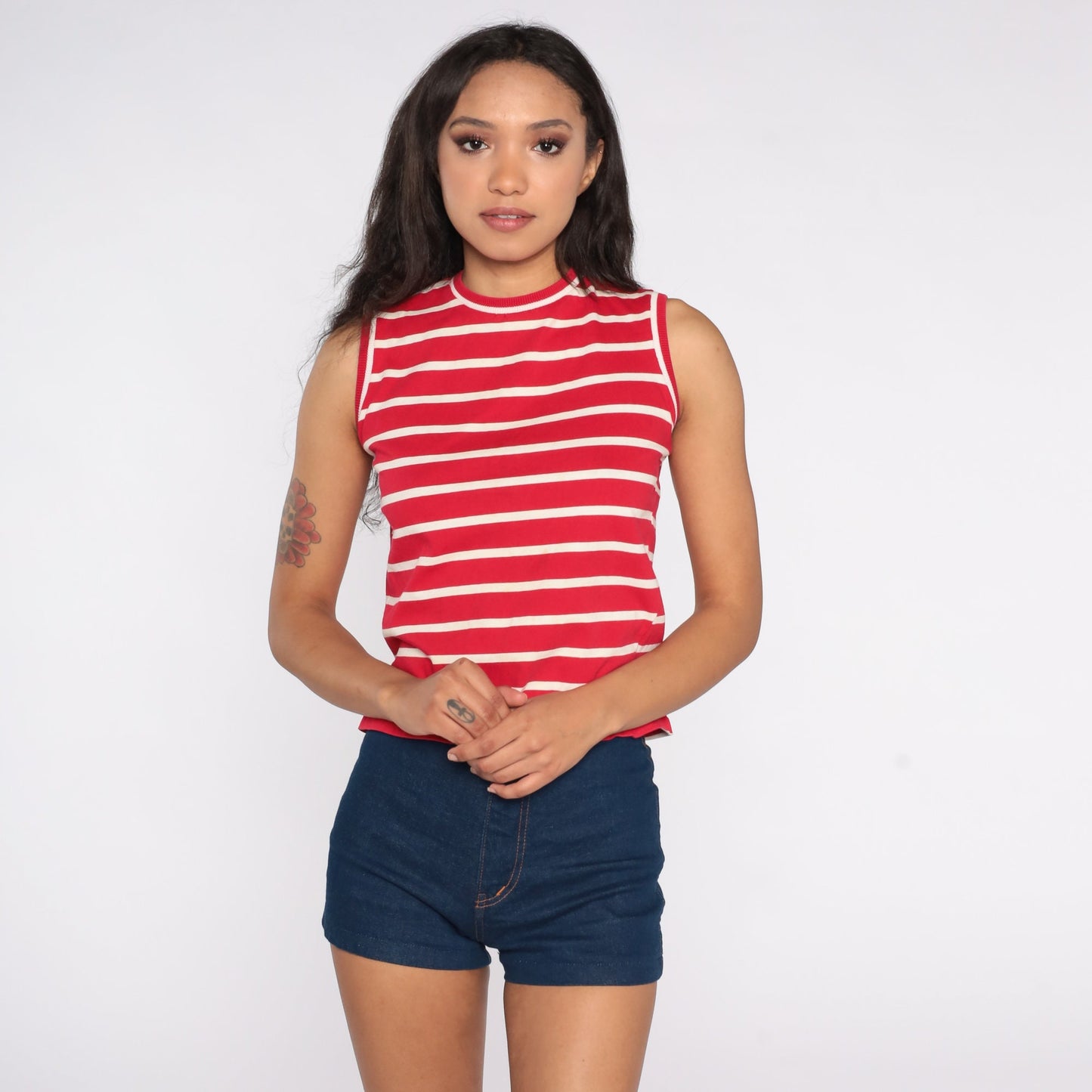 70s Red & White Striped Tank Top Knit Sleeveless Shirt Small S