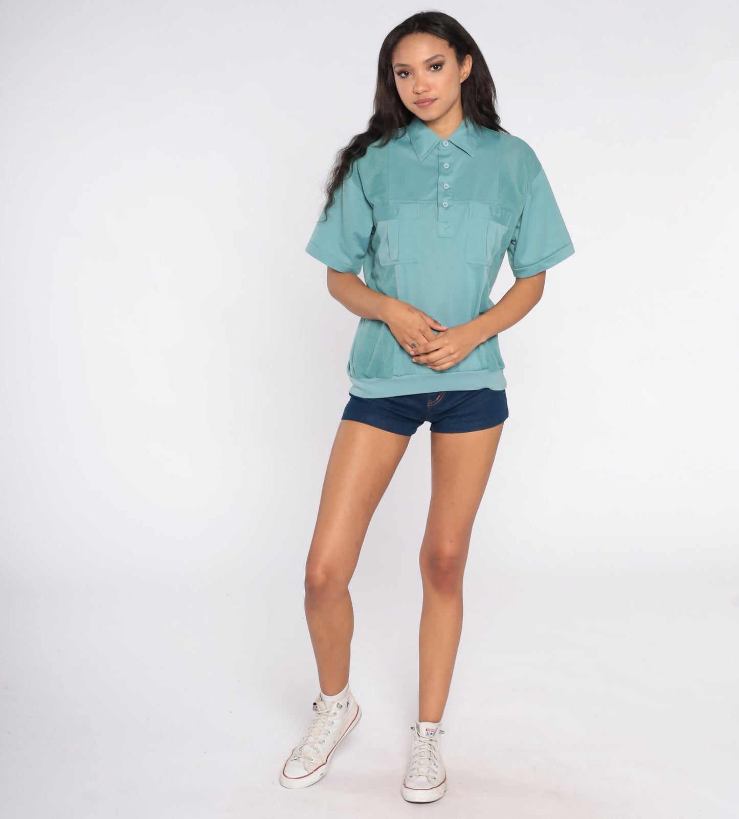 80s Muted Seafoam Polo Shirt Button-Up Short Sleeve Cotton Blend Large