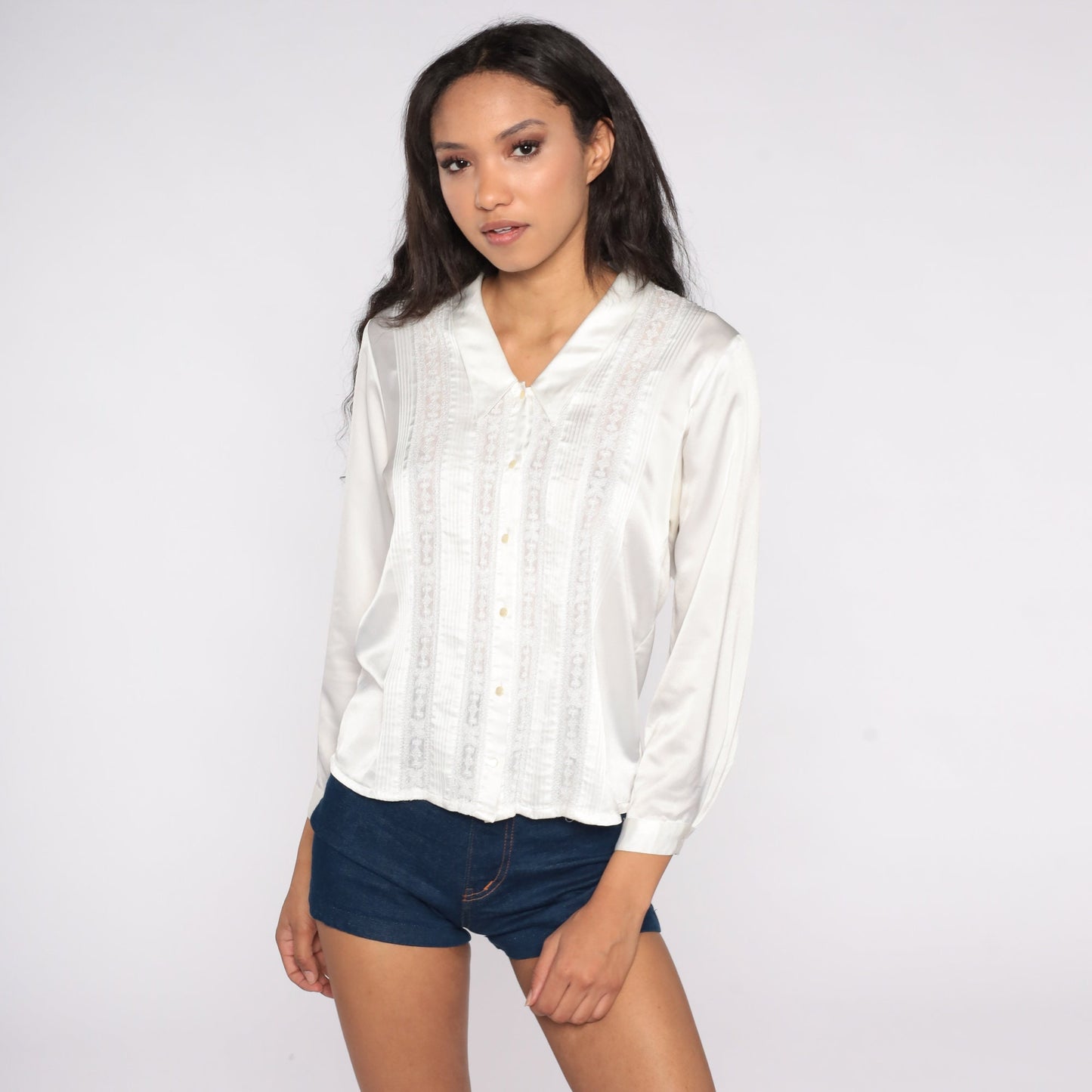 80s White Satin Blouse Lace Trim Chelsea Collar Button Up Small