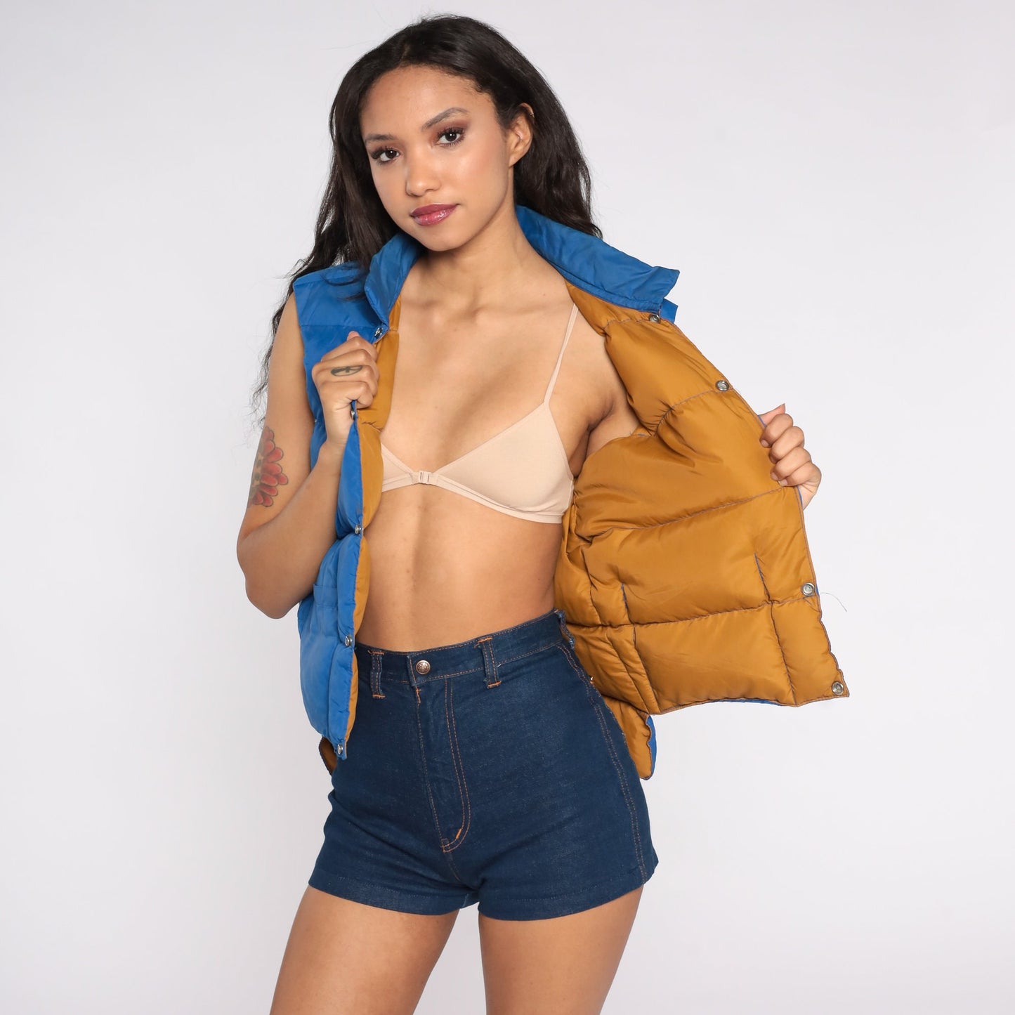 70s Reversible Goose Down Puffer Vest Mustard Brown Blue Sleeveless Medium Large