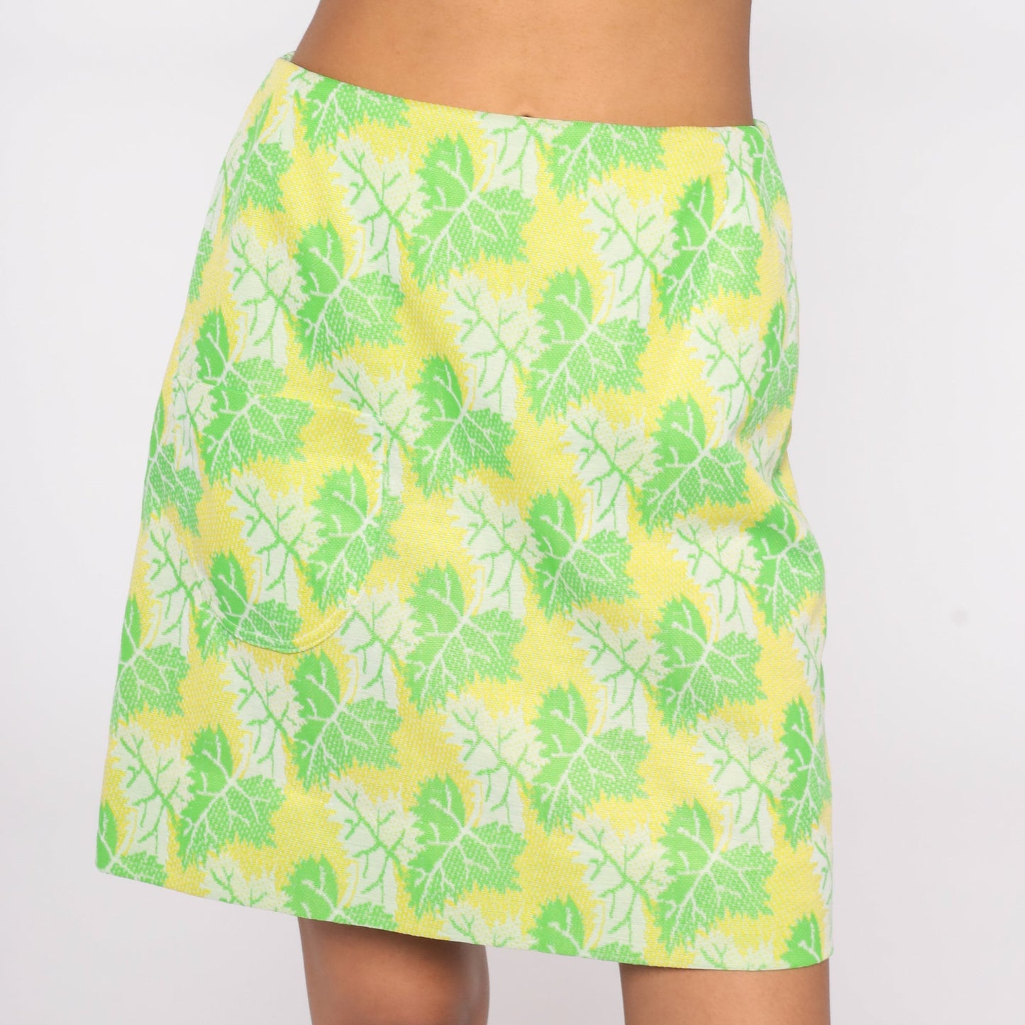 70s Yellow Leaf Print Mini Skirt High Waist Pocket Small