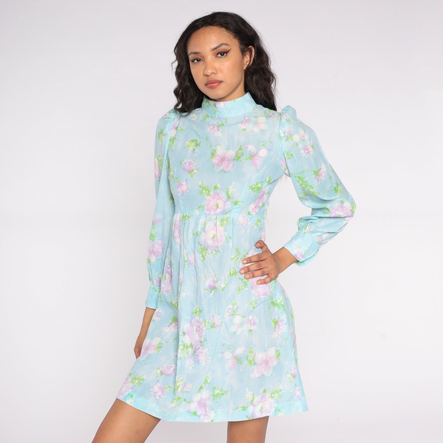 60s Floral Babydoll Dress Baby Blue Mock Neck Puff Sleeve Mini Small S