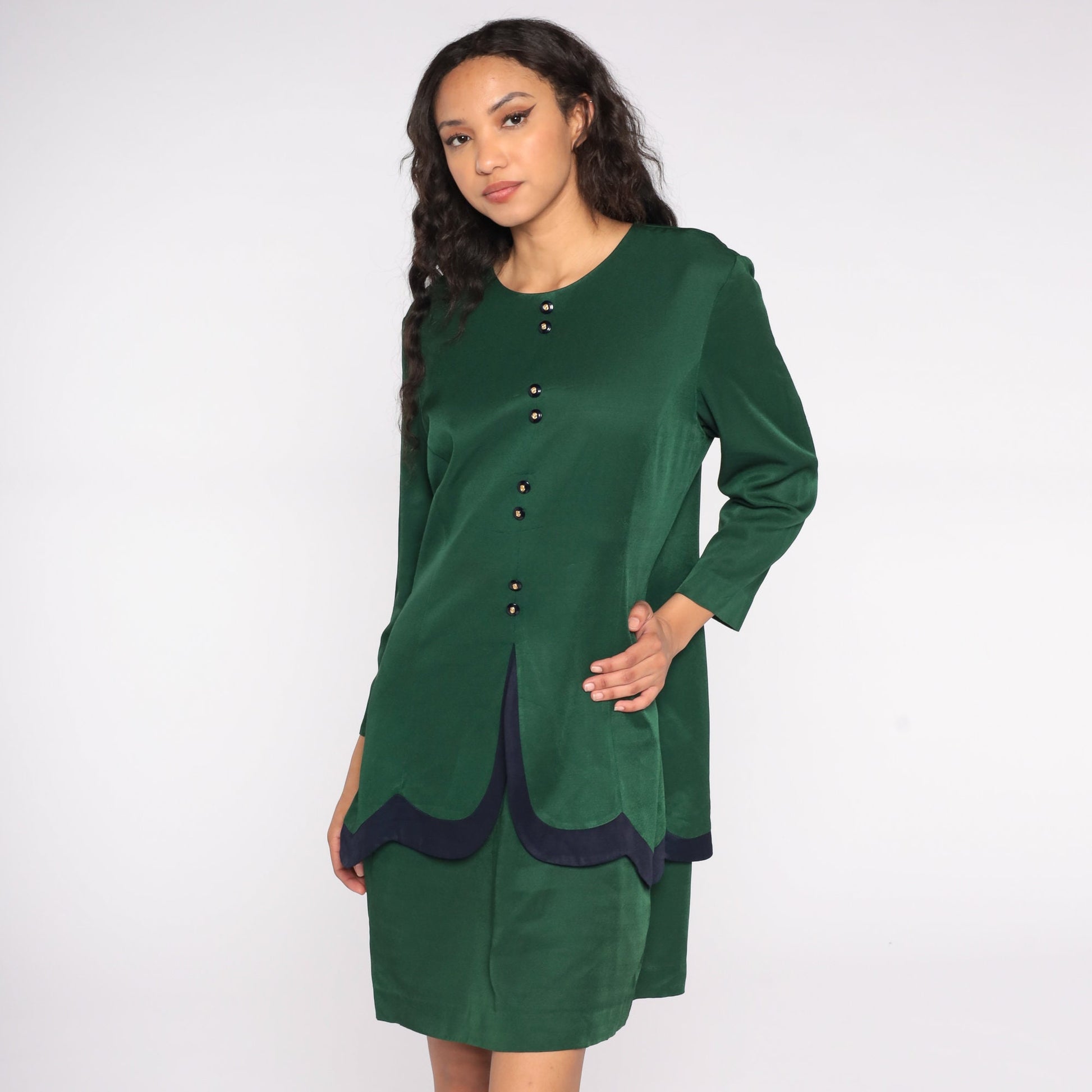 80s Green Midi Shirt Dress Button-Up Long Sleeve Peplum Navy Detail Extra Large XL