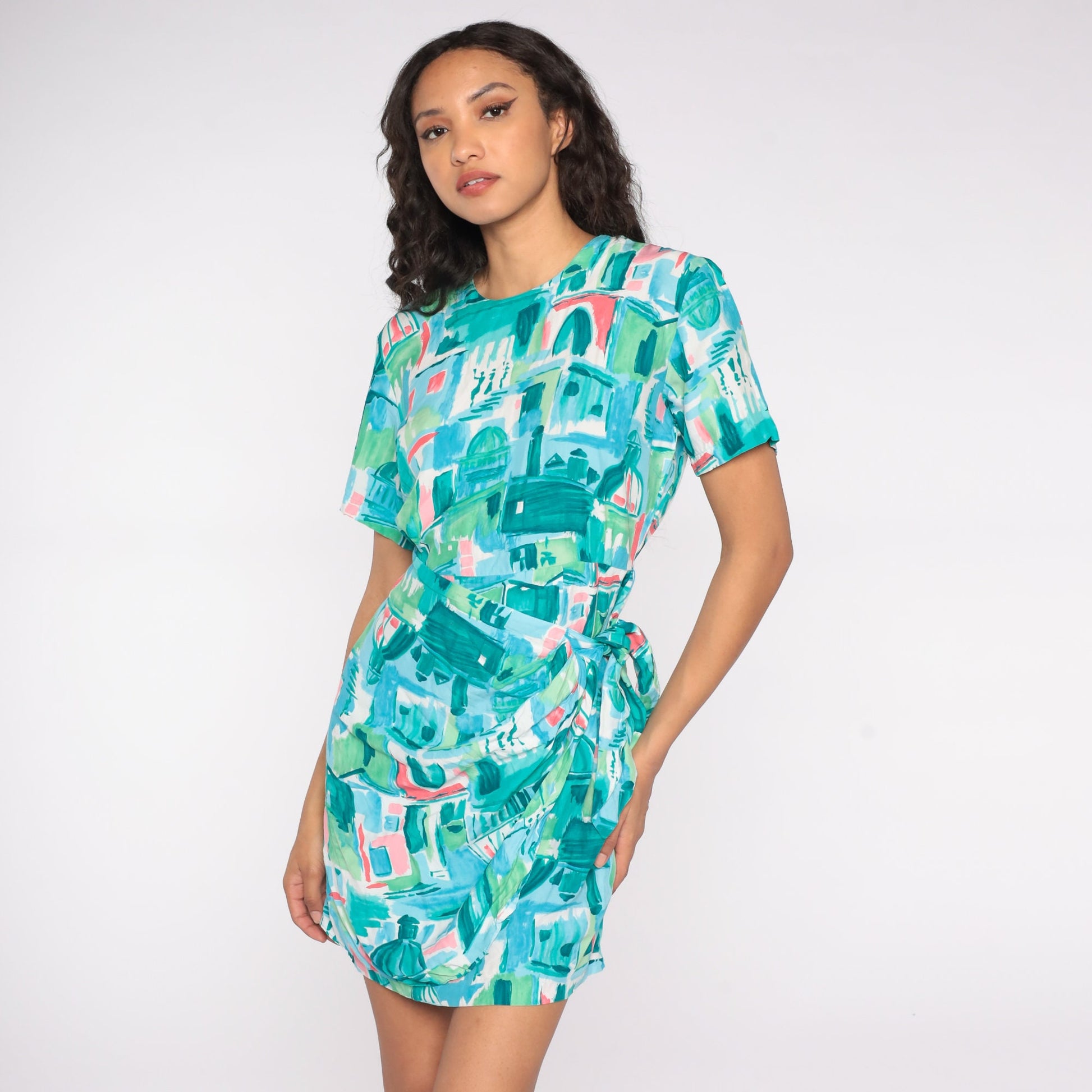 80s Blue City Print Wrap Dress Mini Short Sleeve Medium