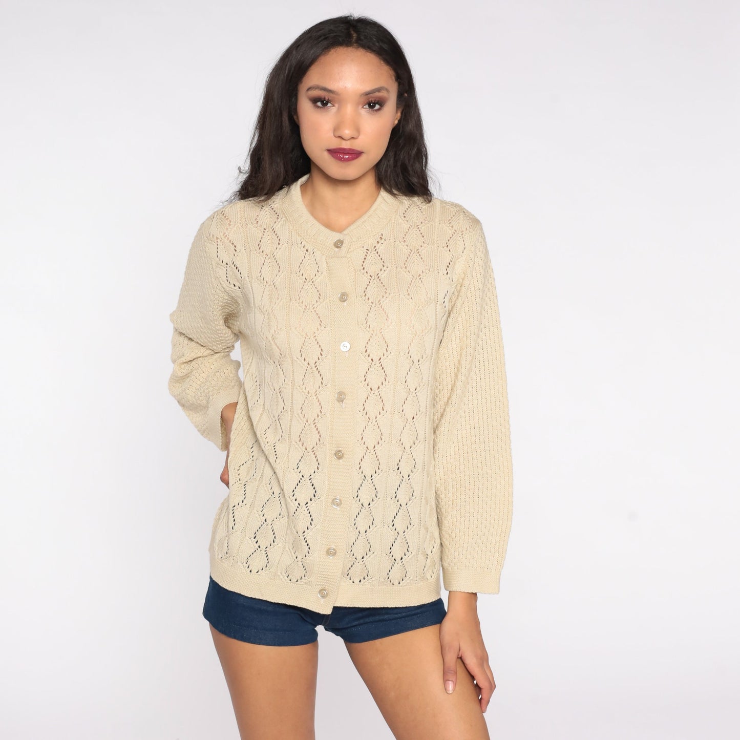 70s Beige Cardigan Sweater Pointelle Open Weave Button Up Knitwear Small