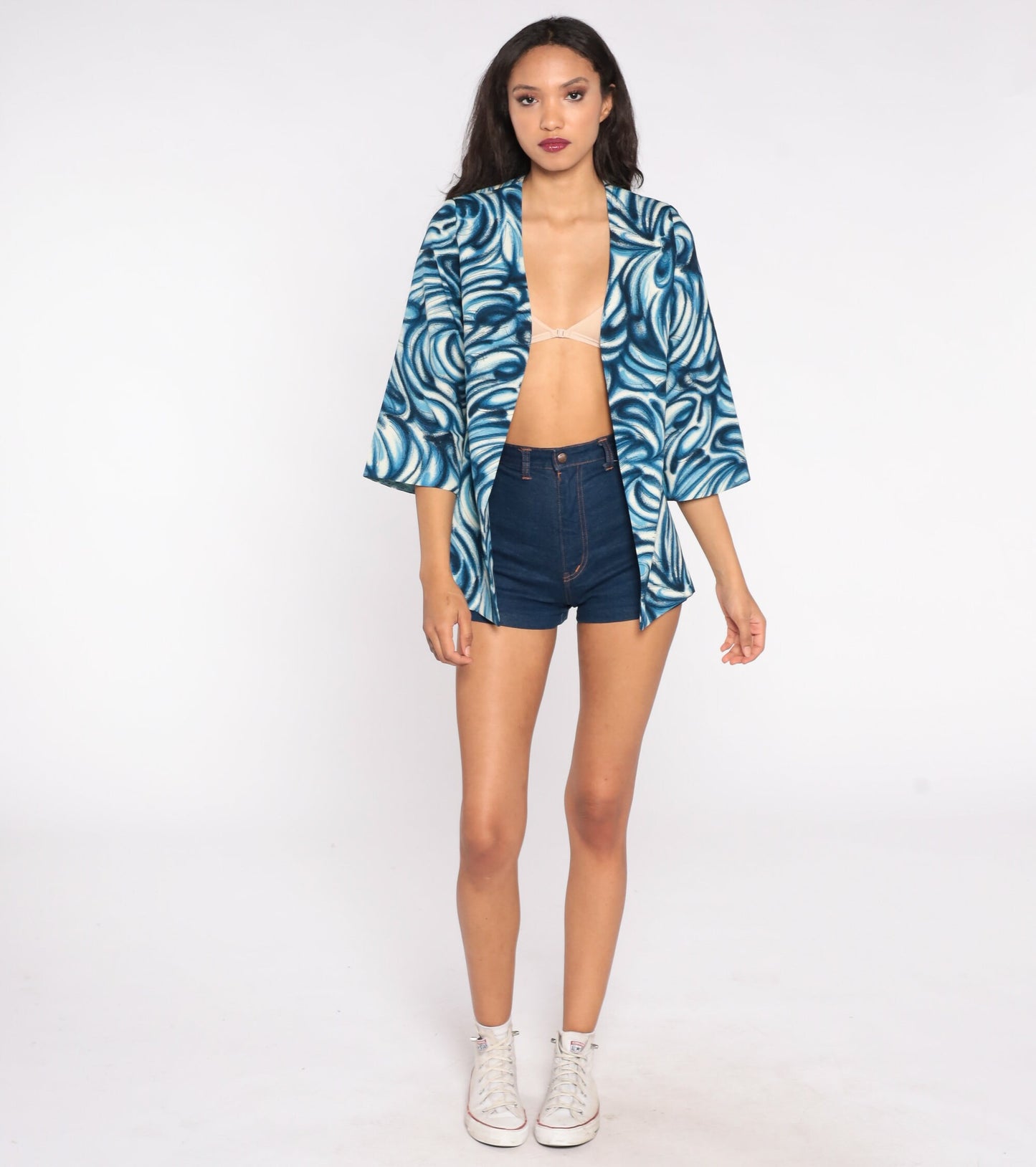 70s Blue Swirl Print Open Front Jacket Small
