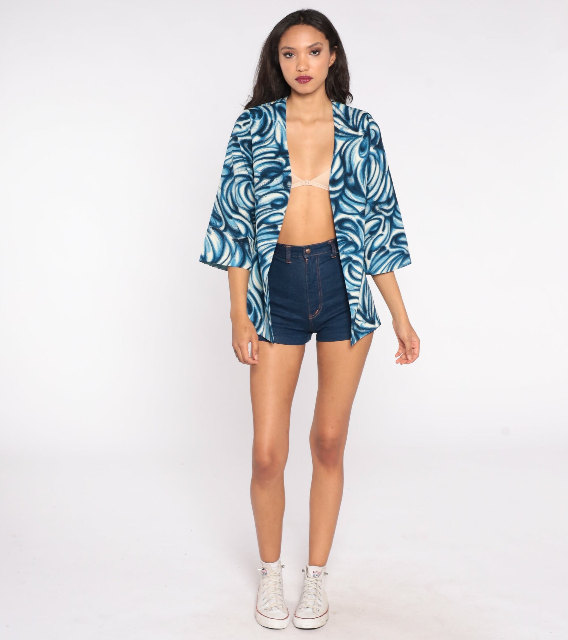 70s Blue Swirl Print Open Front Jacket Small