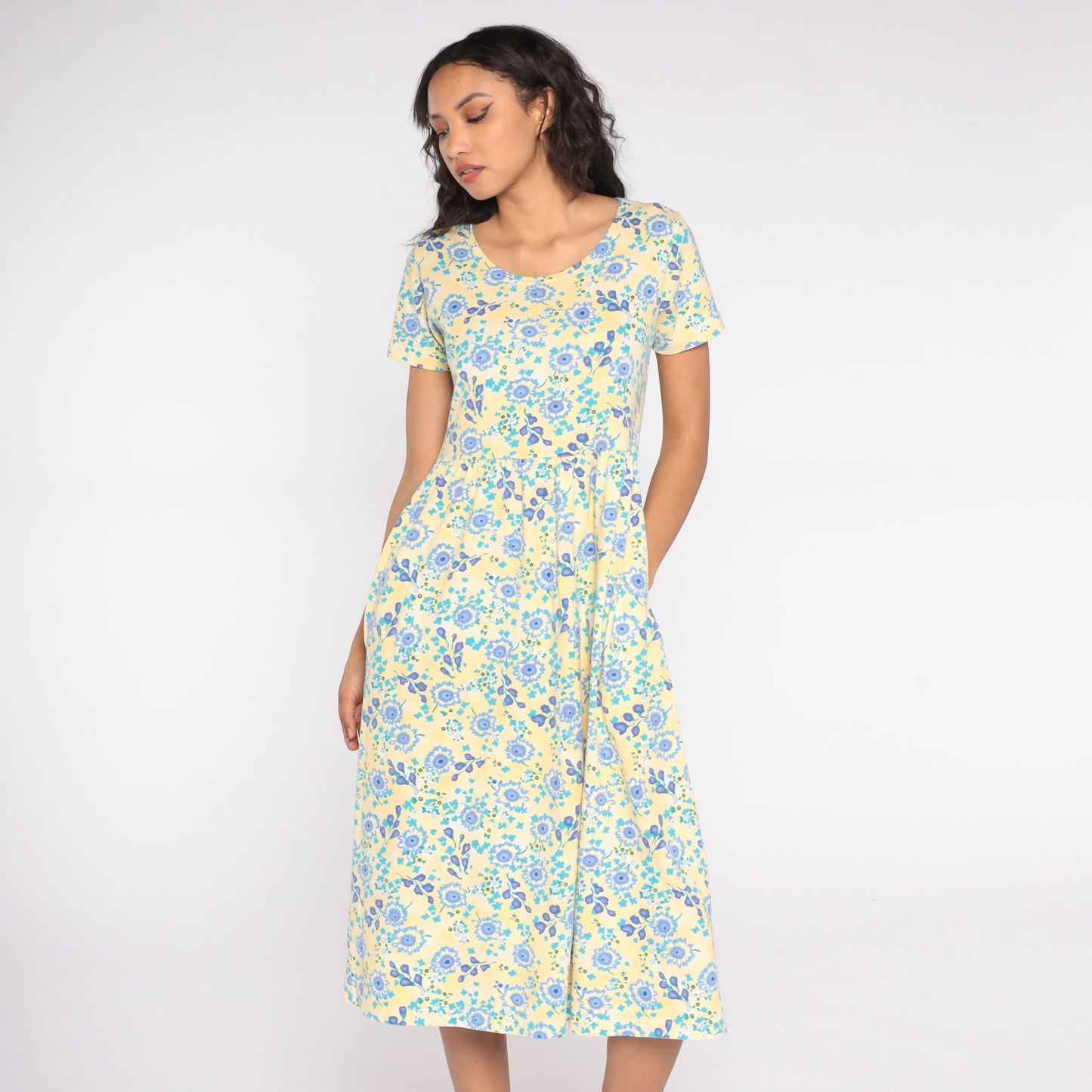 80s Yellow Blue Floral Midi Dress Cotton Short Sleeve High Waist Small S