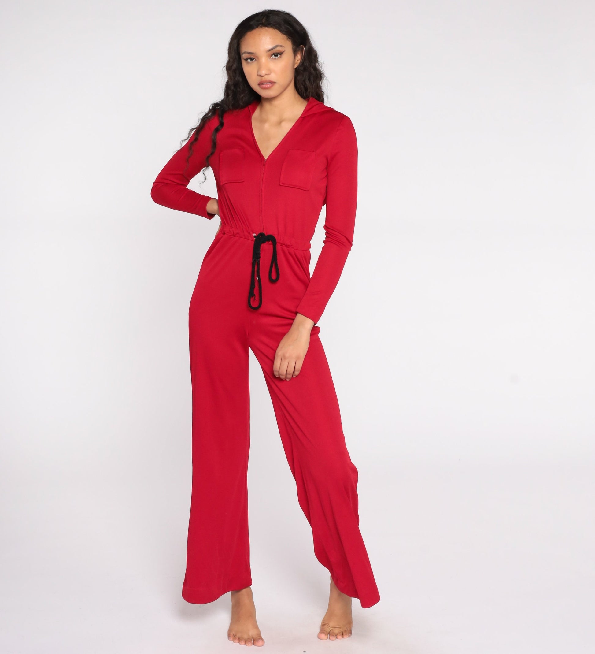 70s Red Hooded Jumpsuit Wide Leg Bell Bottom Zip Front Small