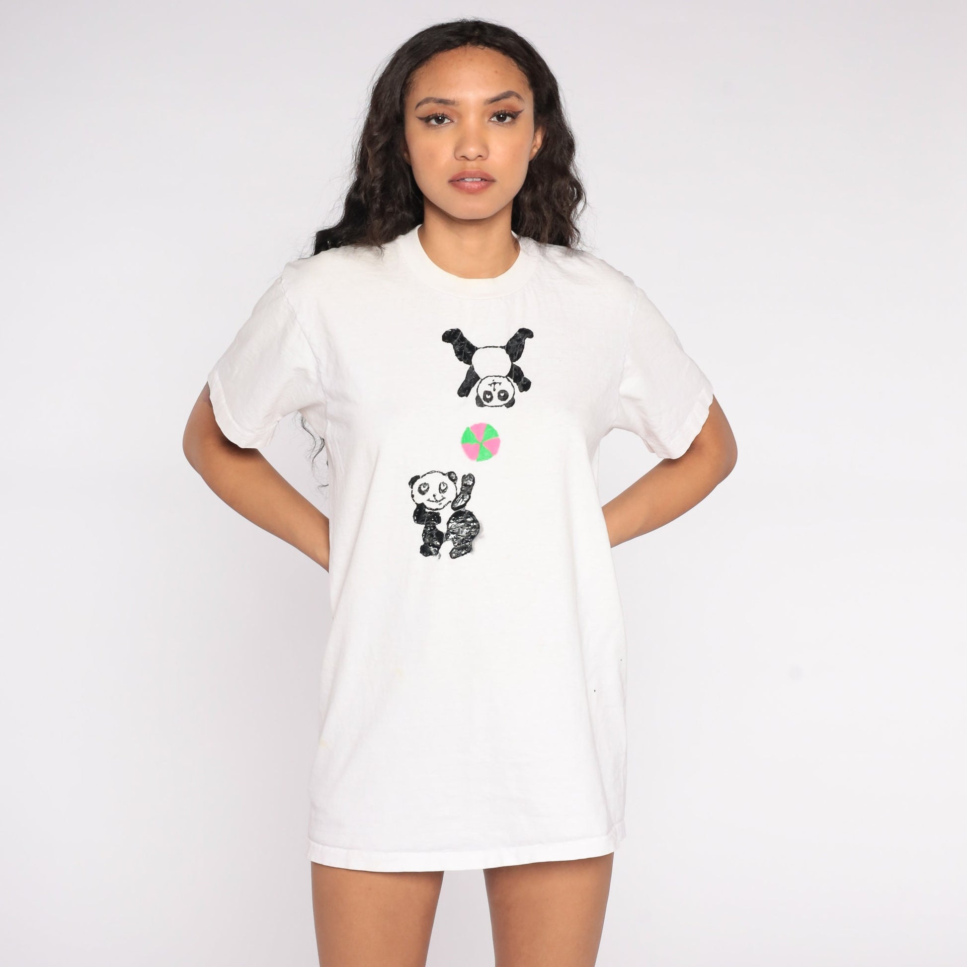 90s Panda Bear Graphic T-Shirt White Animal Print Tee Medium Large