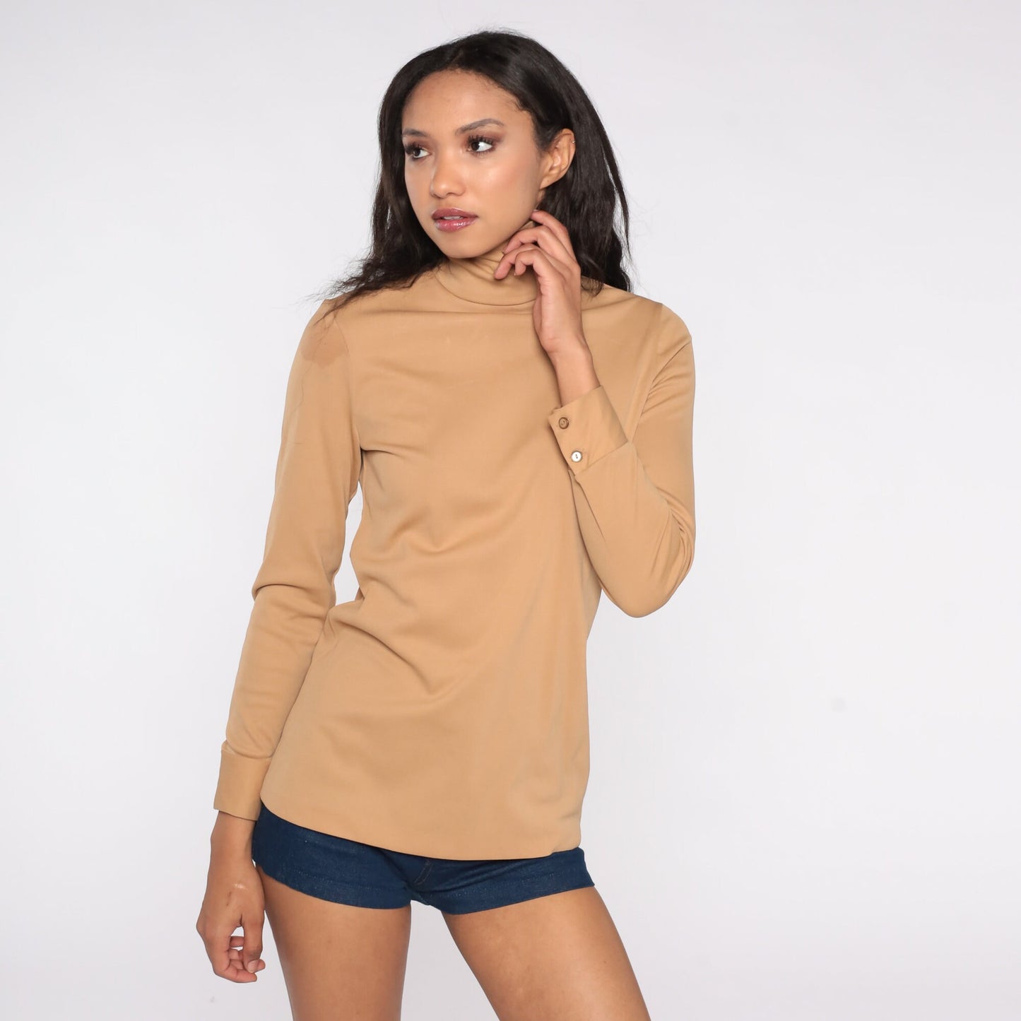 70s Camel Turtleneck Long Sleeve Shirt Polyester Extra Small