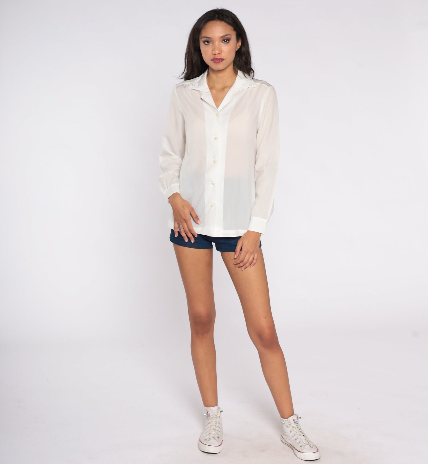 80s Semi-Sheer White Button-Up Blouse Lace Collar Long Sleeve Medium