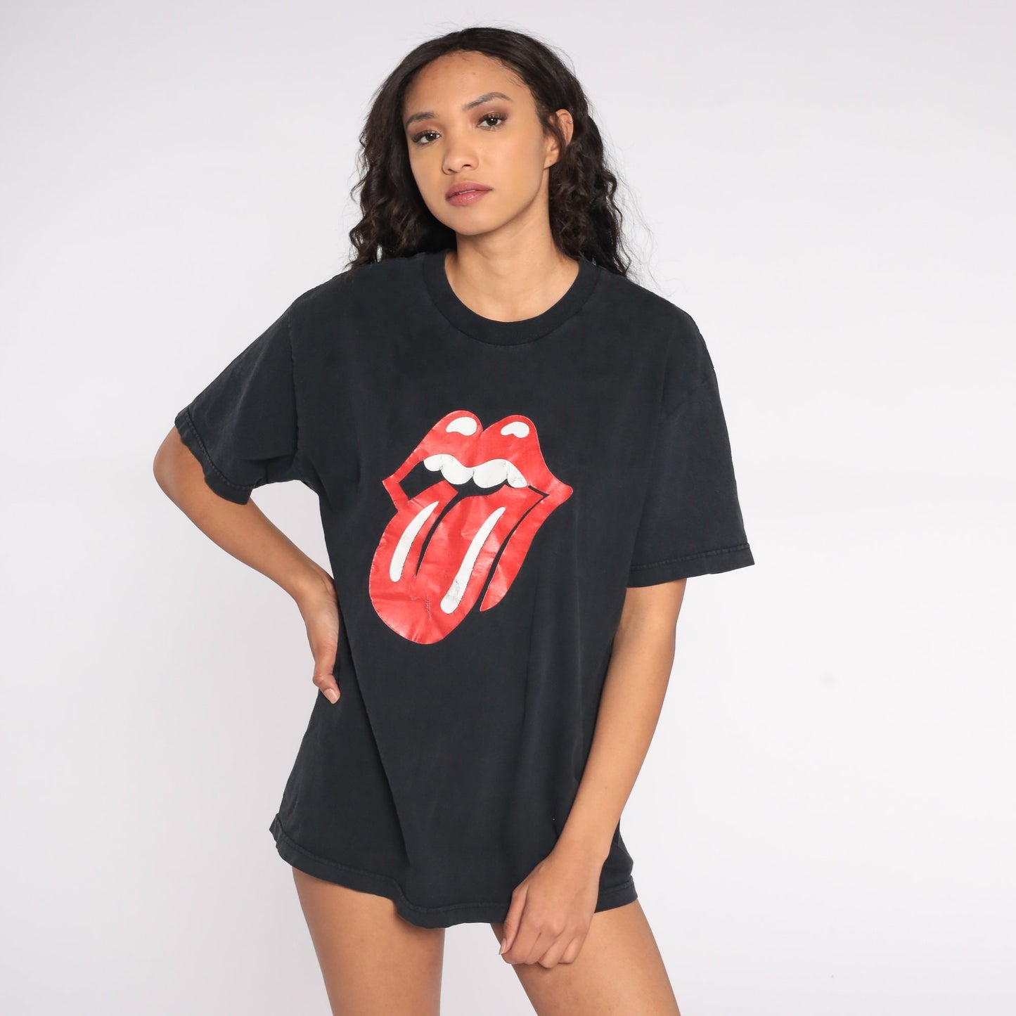 90s Lips Tongue Graphic Band T-Shirt Black Cotton Tee Medium M
