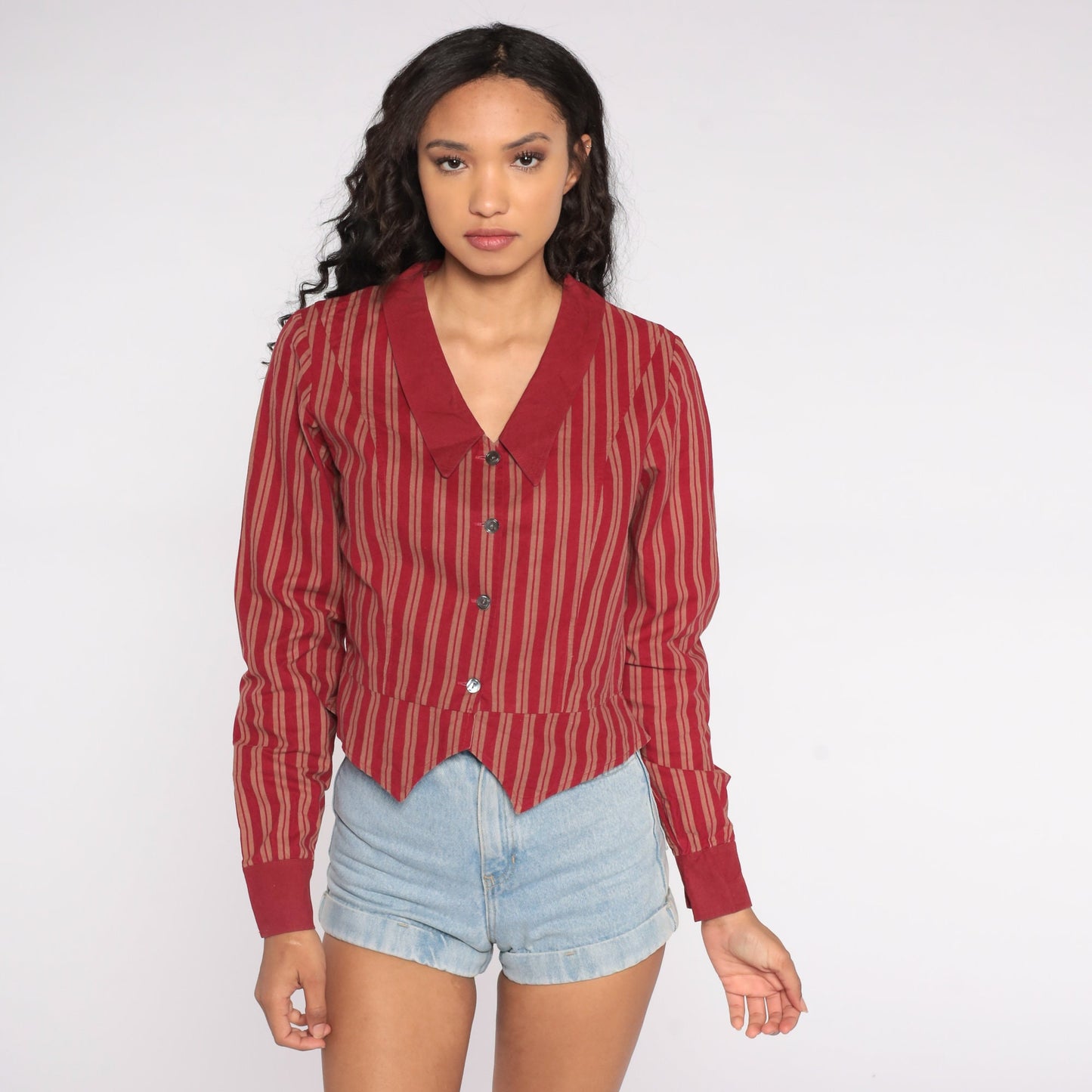 80s Laura Ashley Cotton Striped Button-Up Blouse Chelsea Collar Red Medium