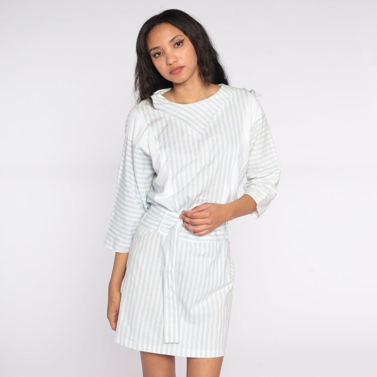 80s Striped Mini Dress White Blue 3/4 Sleeve High Waisted Medium