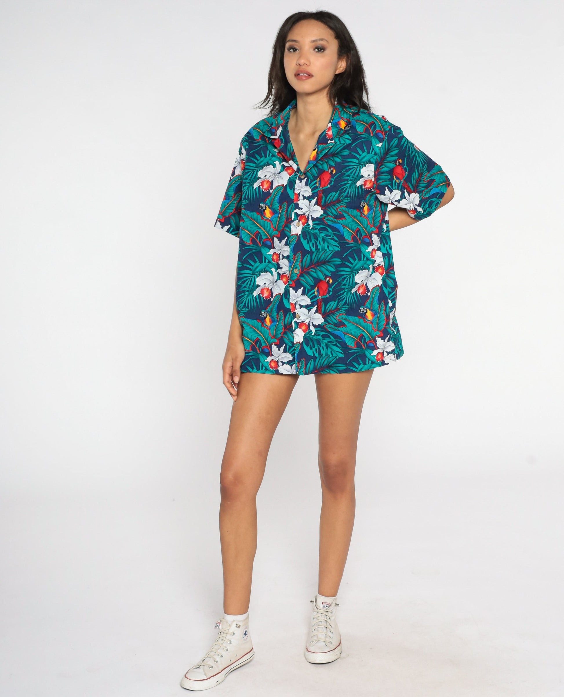 80s Hawaiian Shirt Blue Tropical Floral Parrot Print Cotton Button-Up Large L