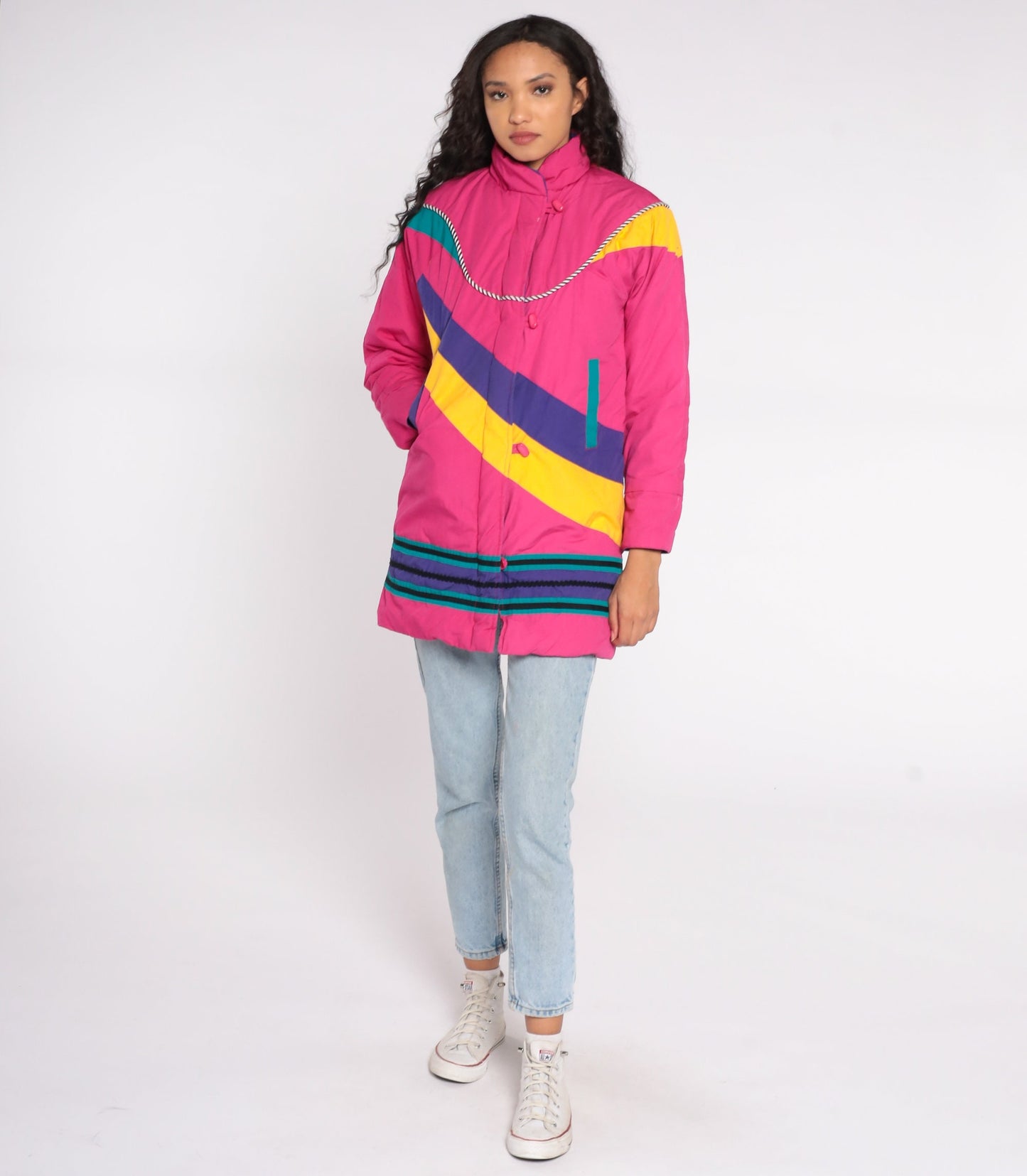 80s Neon Pink Puffer Ski Jacket Abstract Stripe Toggle Buttons Floral Lining Extra Small XS