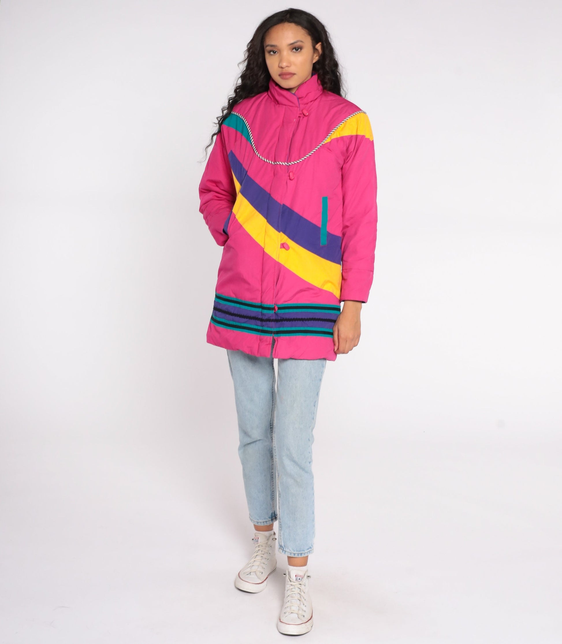 80s Neon Pink Puffer Ski Jacket Abstract Stripe Toggle Buttons Floral Lining Extra Small XS