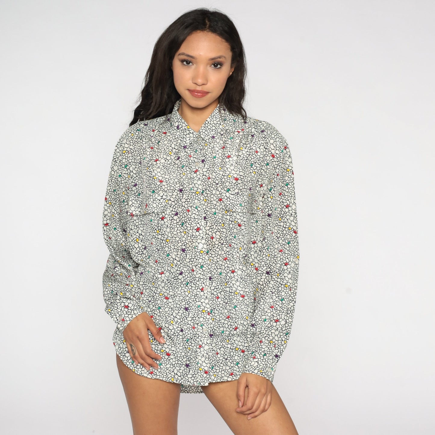 80s Abstract Pebble Print Button-Up Blouse Black White Dots Long Sleeve Extra Large