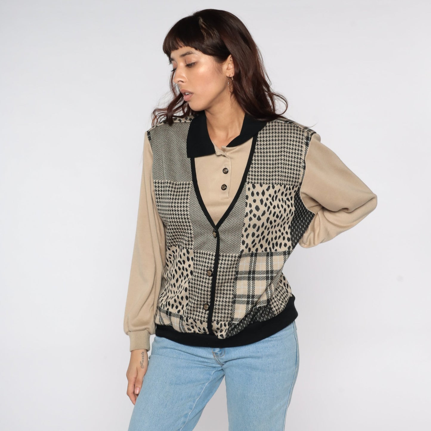 80s Patchwork Sweatshirt with Attached Vest Plaid Houndstooth Leopard Large L