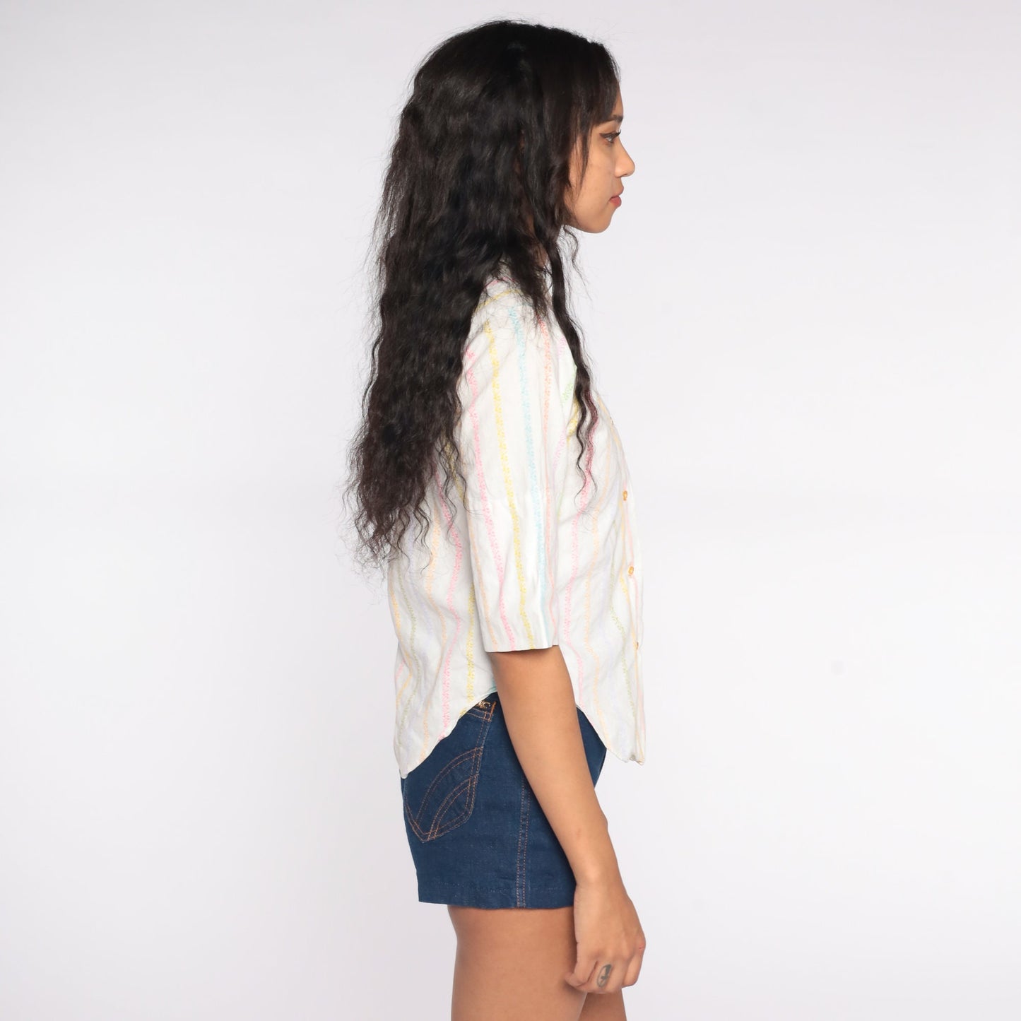 60s Rainbow Striped Button-Up Blouse Cotton Shirt White Collar Extra Small