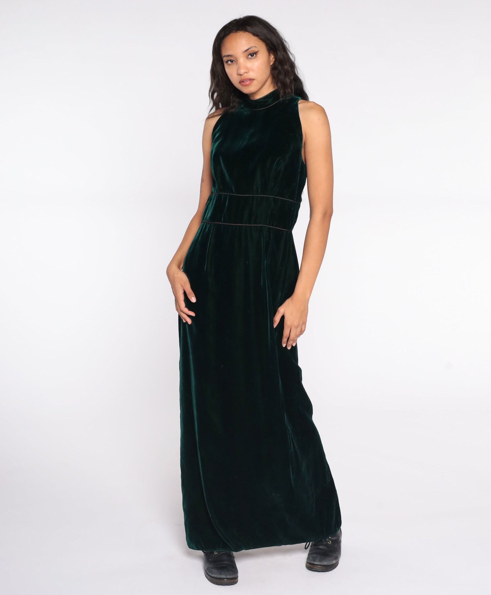 1970s Green Velvet Maxi Dress High Waist Bow Back Sleeveless Small Medium