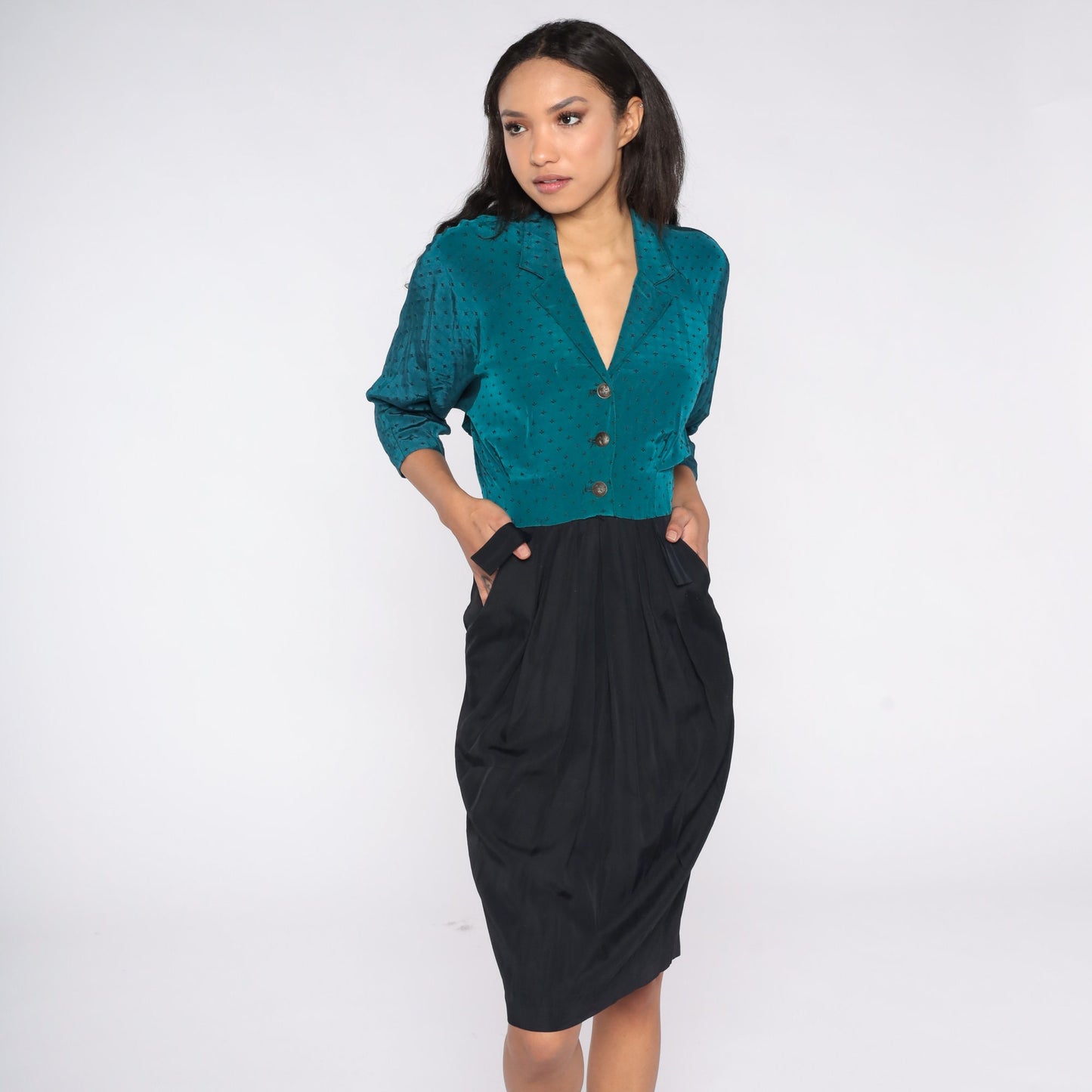 80s Teal Black Color Block Mini Dress Button Up Sheath Small S