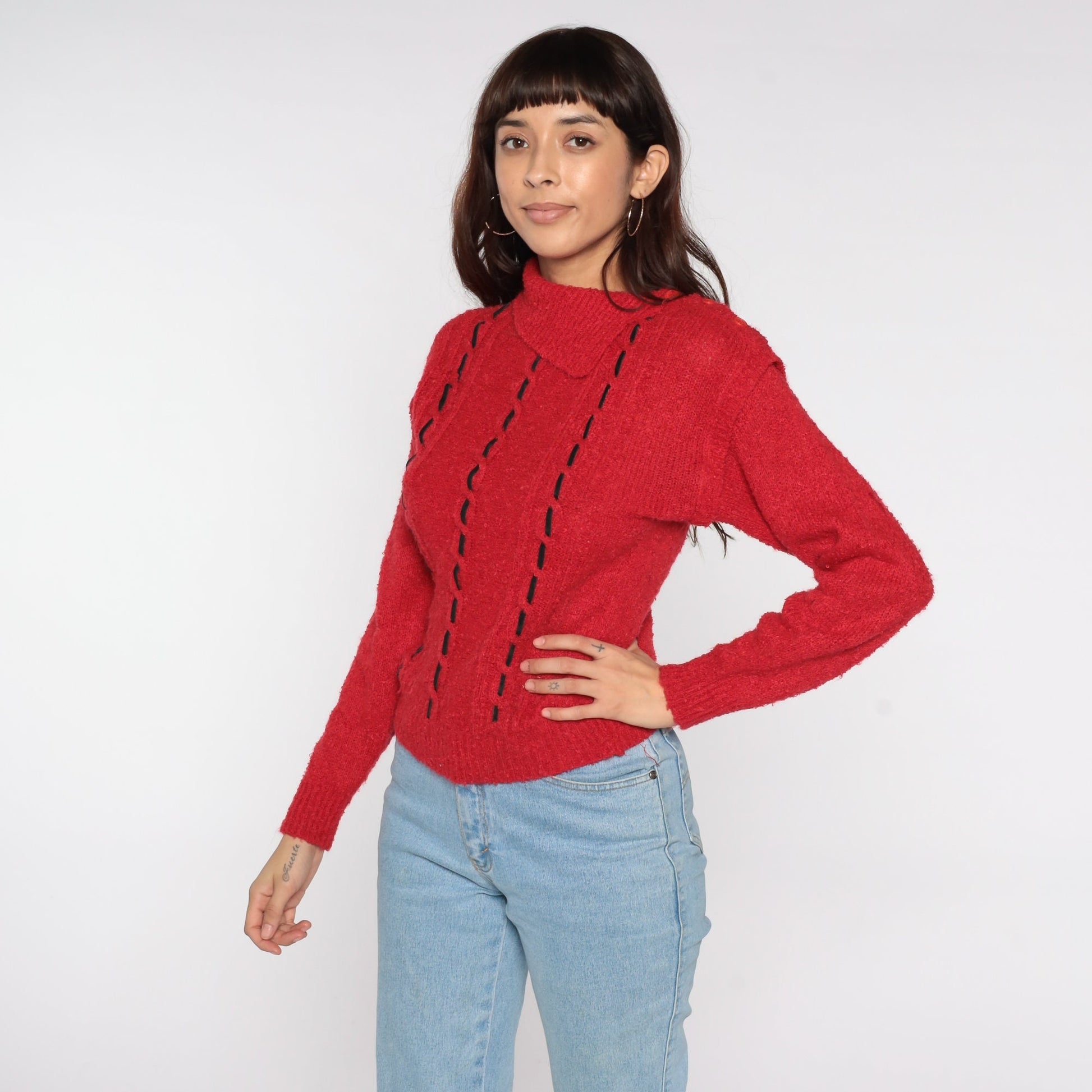 80s Red Knit Sweater Asymmetrical Collar Black Decorative Stitch Turtleneck Medium