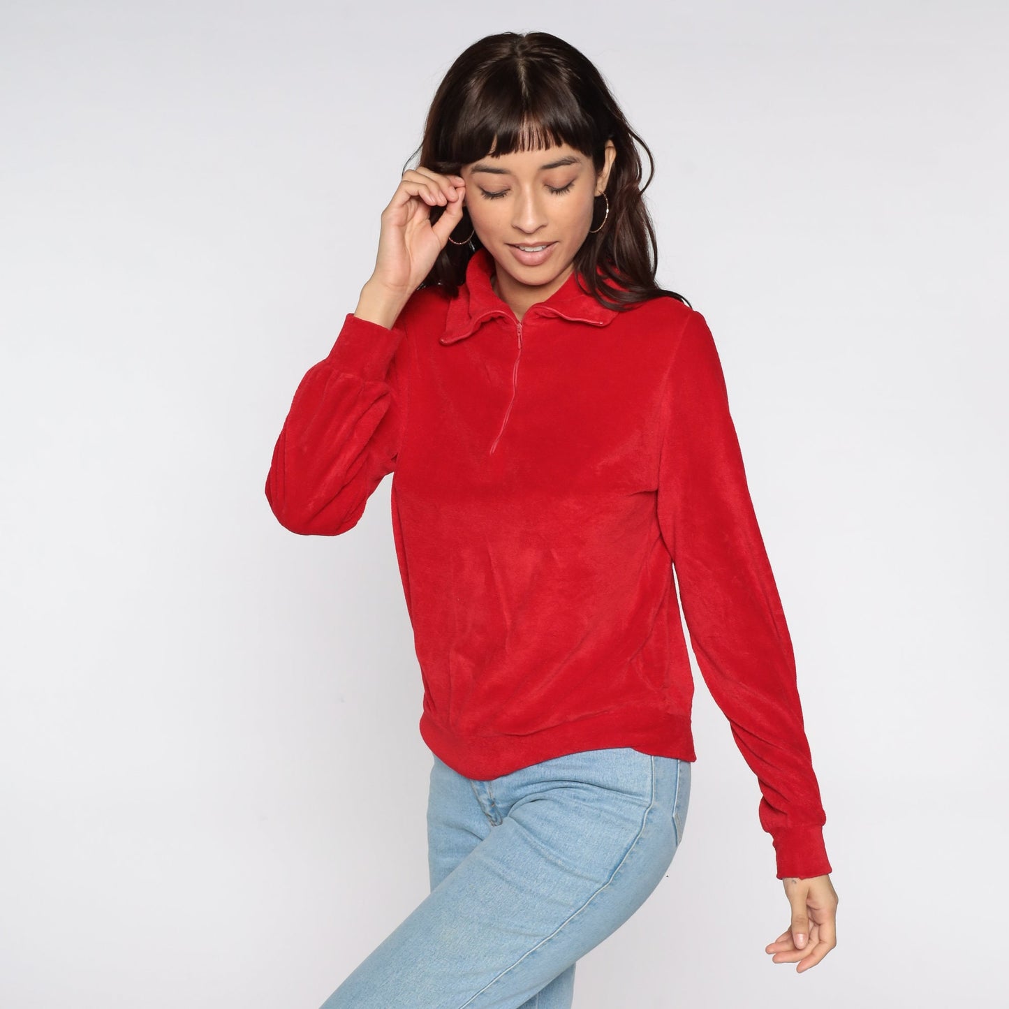 80s Wrangler Terry Cloth Quarter Zip Polo Red Long Sleeve Medium