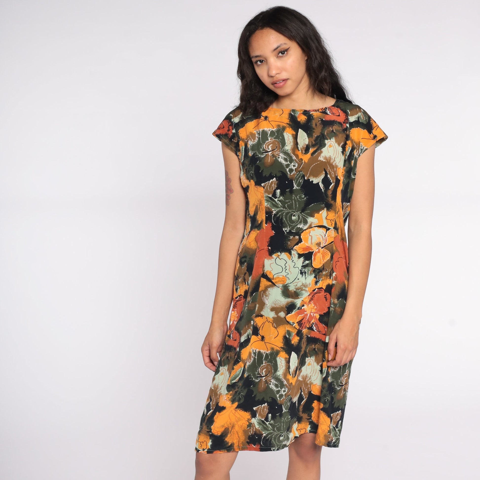 90s Floral Midi Dress Rayon Short Sleeve Sheath Green Yellow Medium Large