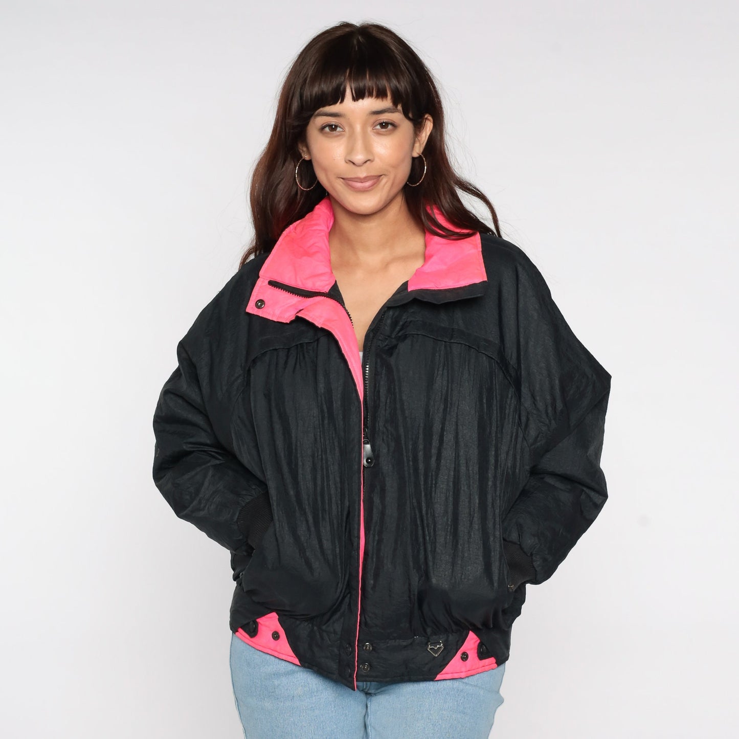 80s Obermeyer Black Puffer Ski Jacket Neon Pink Trim Medium