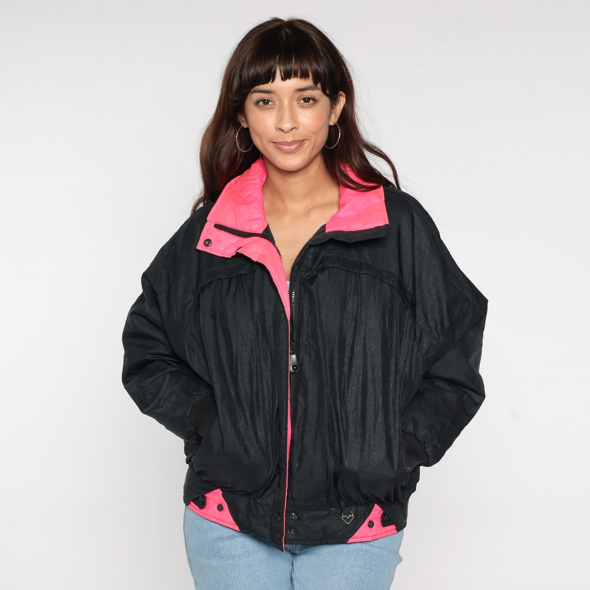 80s Obermeyer Black Puffer Ski Jacket Neon Pink Trim Medium