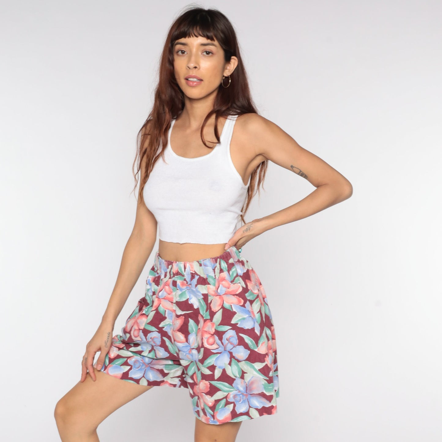 90s Floral High-Waist Baggy Shorts Burgundy Wide Leg Small Medium