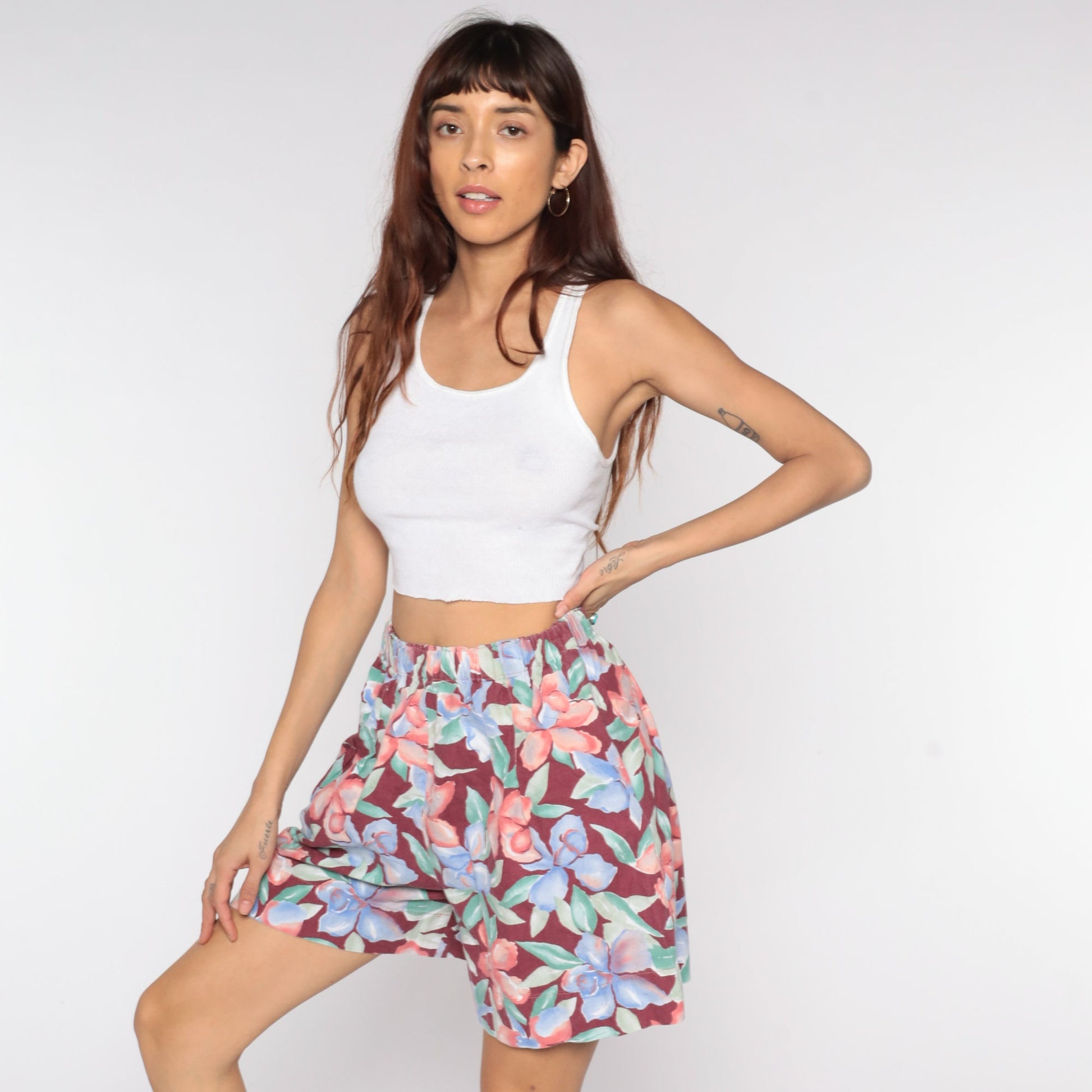 90s Floral High-Waist Baggy Shorts Burgundy Wide Leg Small Medium
