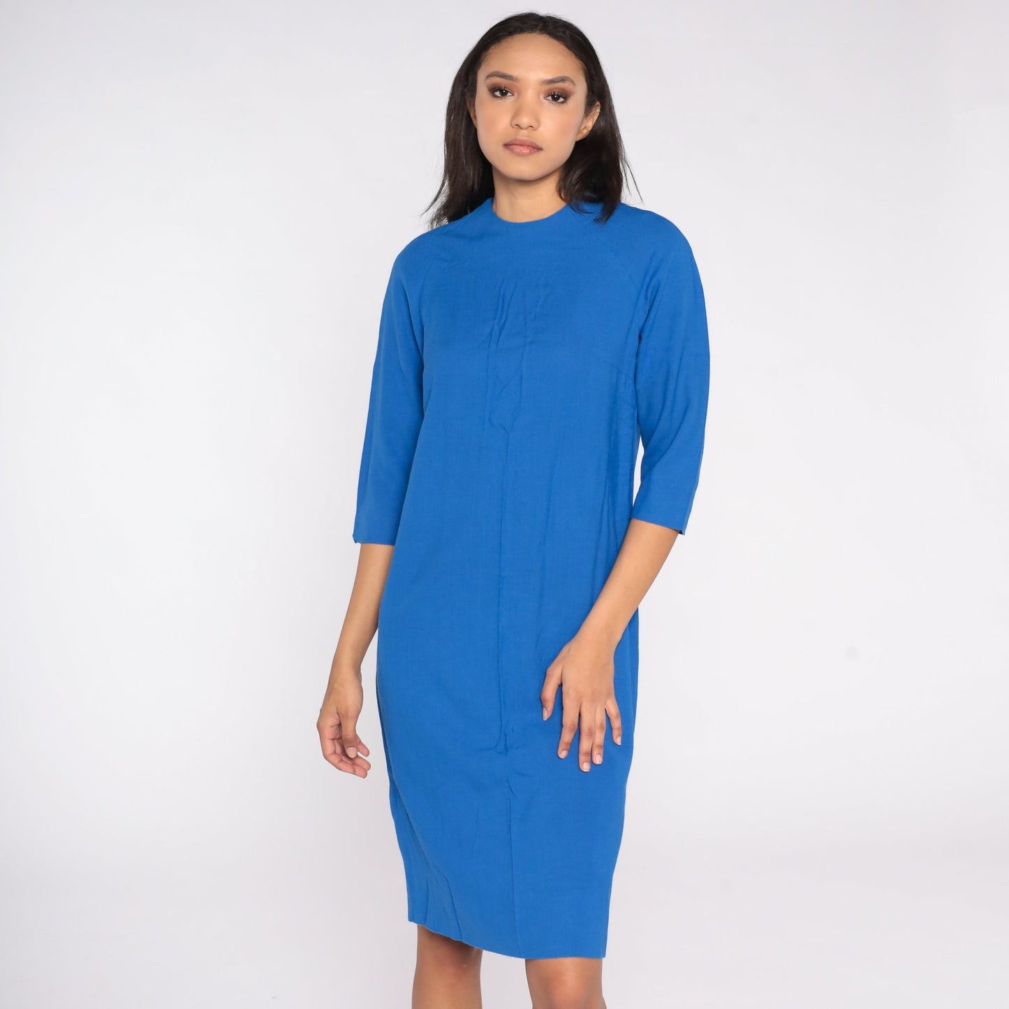 70s Blue Shift Dress Midi Length Raglan Sleeve Medium