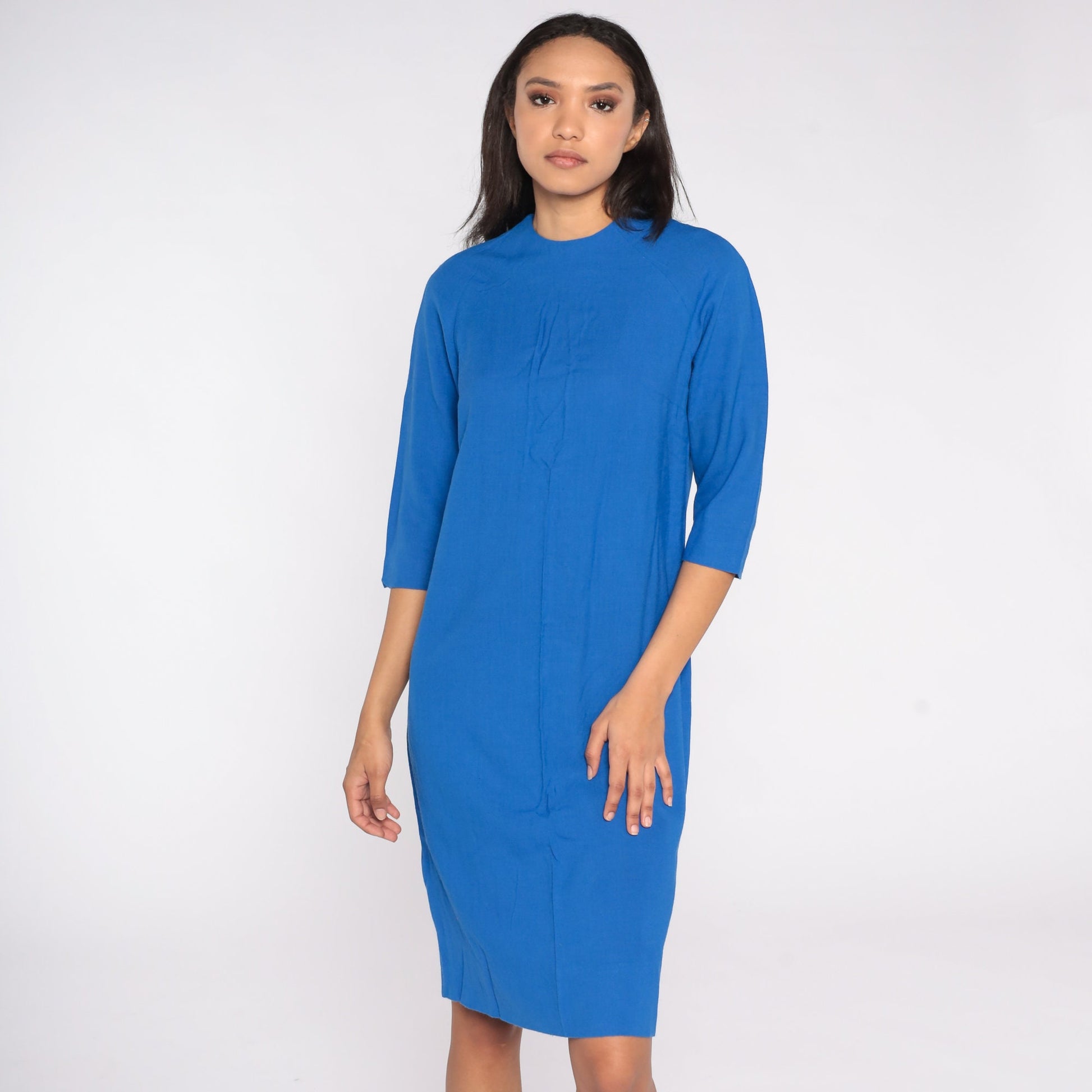 70s Blue Shift Dress Midi Length Raglan Sleeve Medium